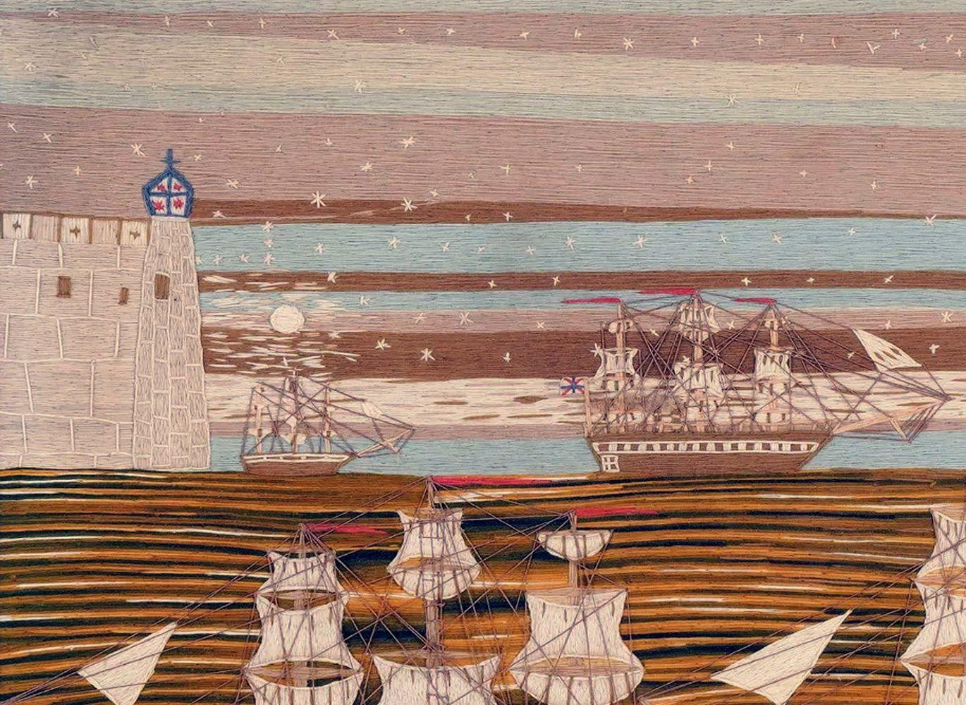 British Sailor's Woolwork with Four Ships Sailing Under Star Light,
Circa 1860-75
 
The unusual large British sailor's woolie depicts a scene from the Crimea War period under star light.  A large fort can be seen on the left with a tower showing