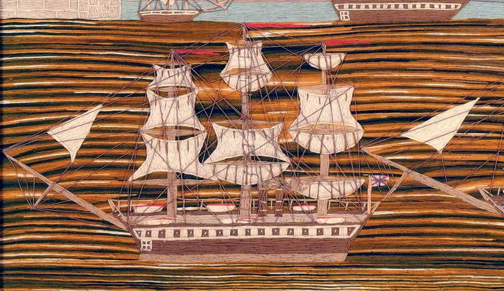 Folk Art British Sailor's Woolwork with Four Ships Sailing Under Star Light