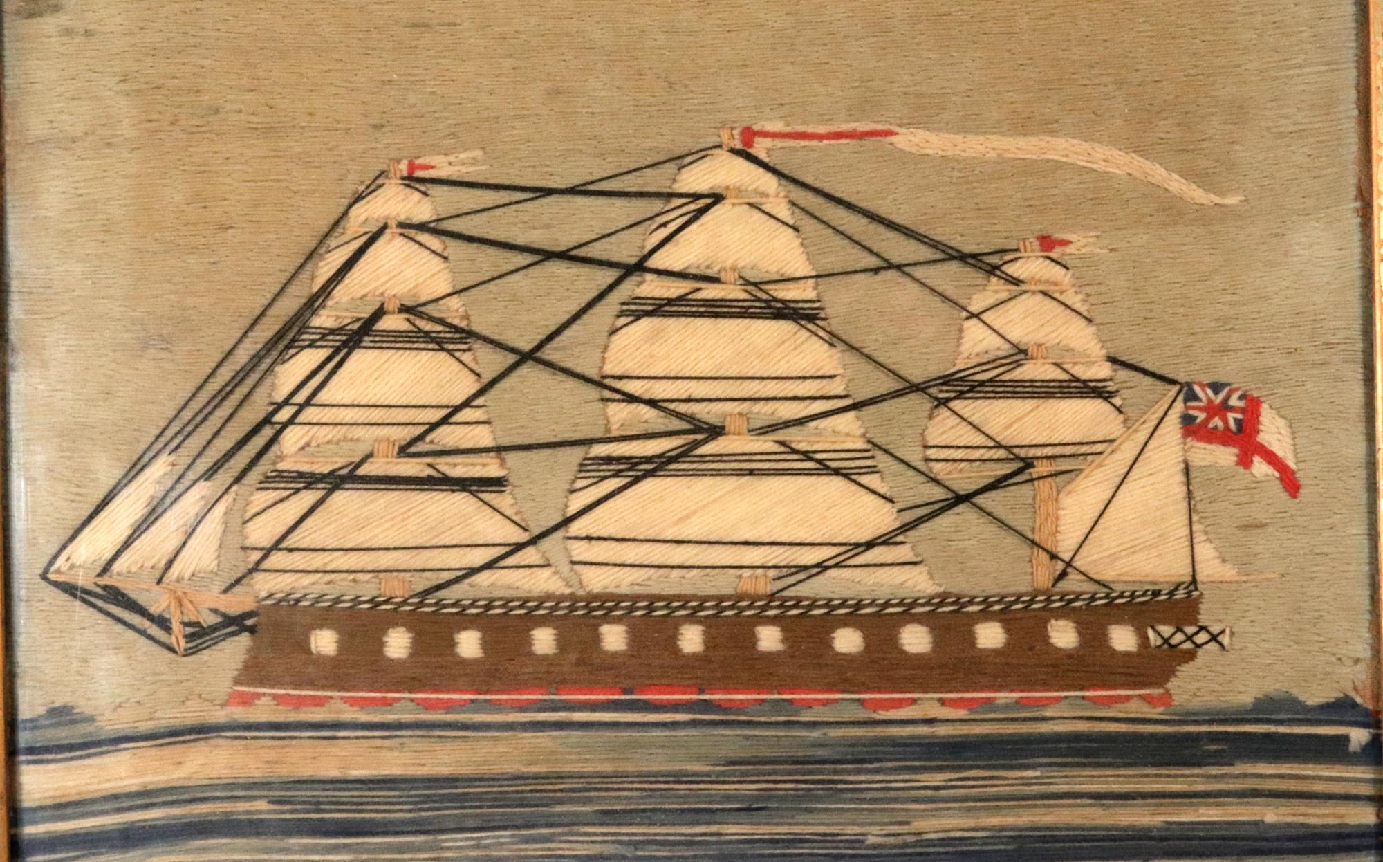 Britische Seemannswolle mit Backbordansicht eines Schiffes der Royal Navy mit Rammbug (Volkskunst) im Angebot