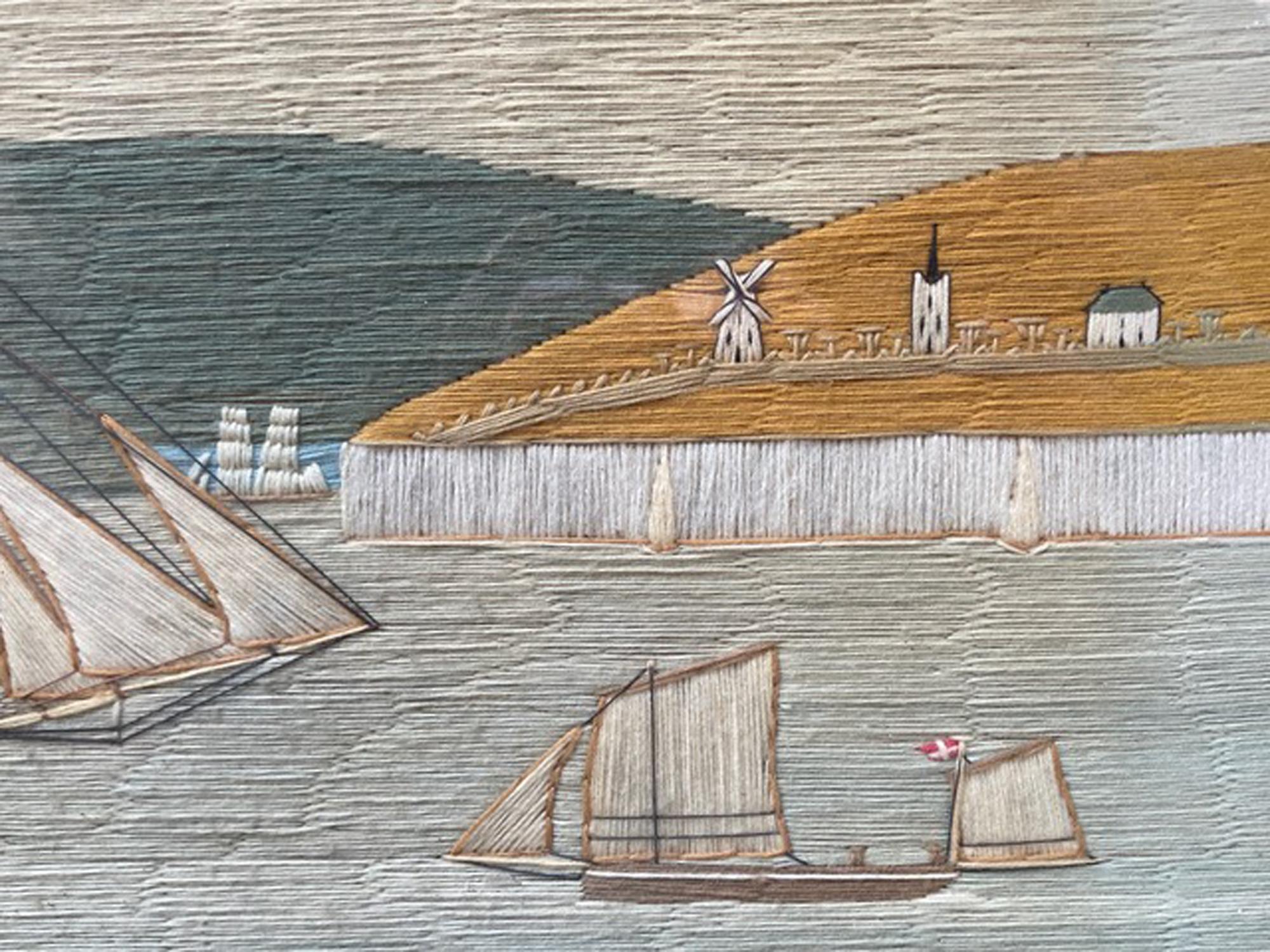British Sailor's Woolwork with Ships off a Chalk Cliff,
Circa 1875

This exquisite sailor's woolwork, also known as a 