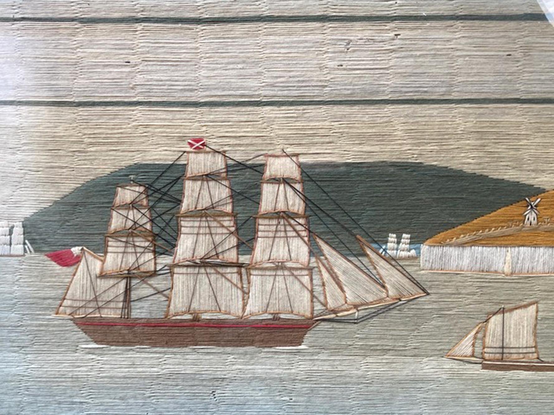 Folk Art British Sailor's Woolwork with Ships off a Chalk Cliff For Sale