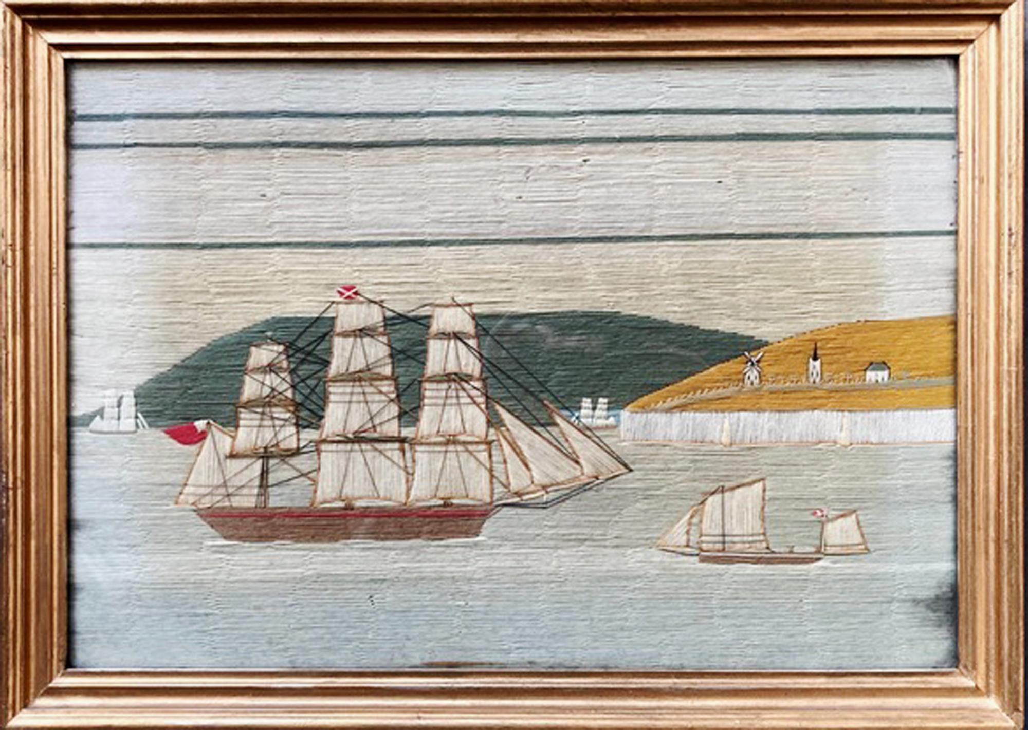 British Sailor's Woolwork with Ships off a Chalk Cliff In Good Condition For Sale In Downingtown, PA