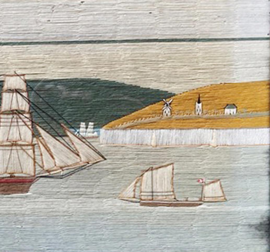 Late 19th Century British Sailor's Woolwork with Ships off a Chalk Cliff For Sale