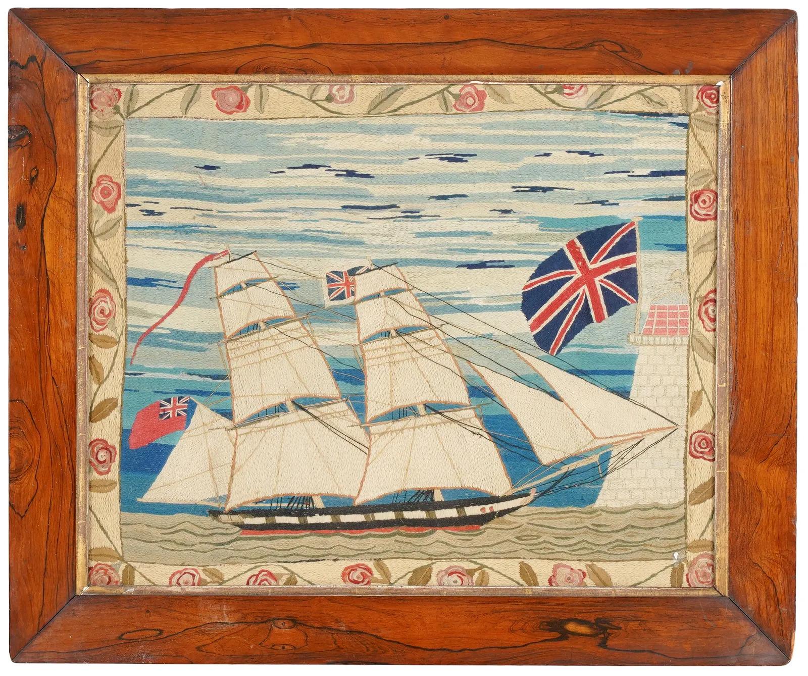 British sailor's woolwork with unusual border,
Chain stitch,
Circa 1875
 
The unusually designed charming sailor's woolie depicts a starboard side view of a British two-masted ship entering a harbor with a fort flying a large Union Jack in an