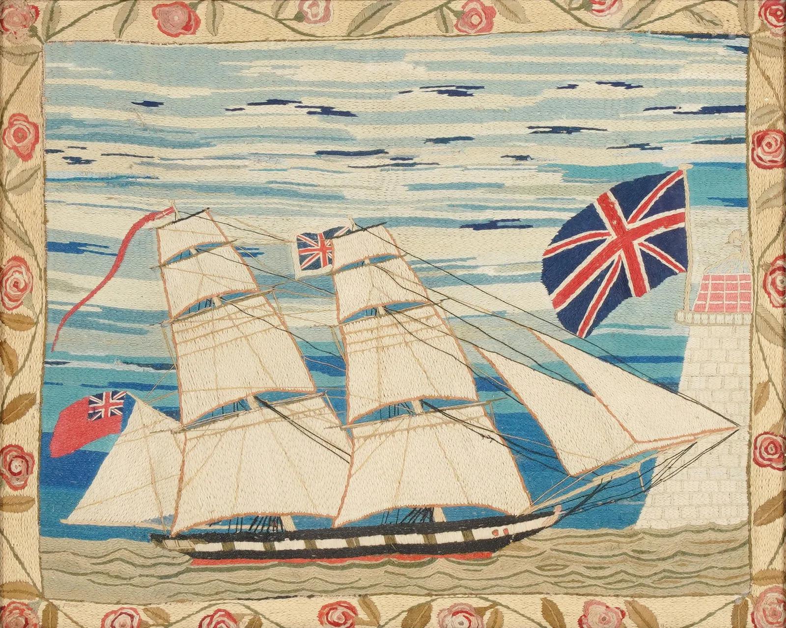 Folk Art British Sailor's Woolwork with Unusual Border and a Fine Chain Stitch For Sale
