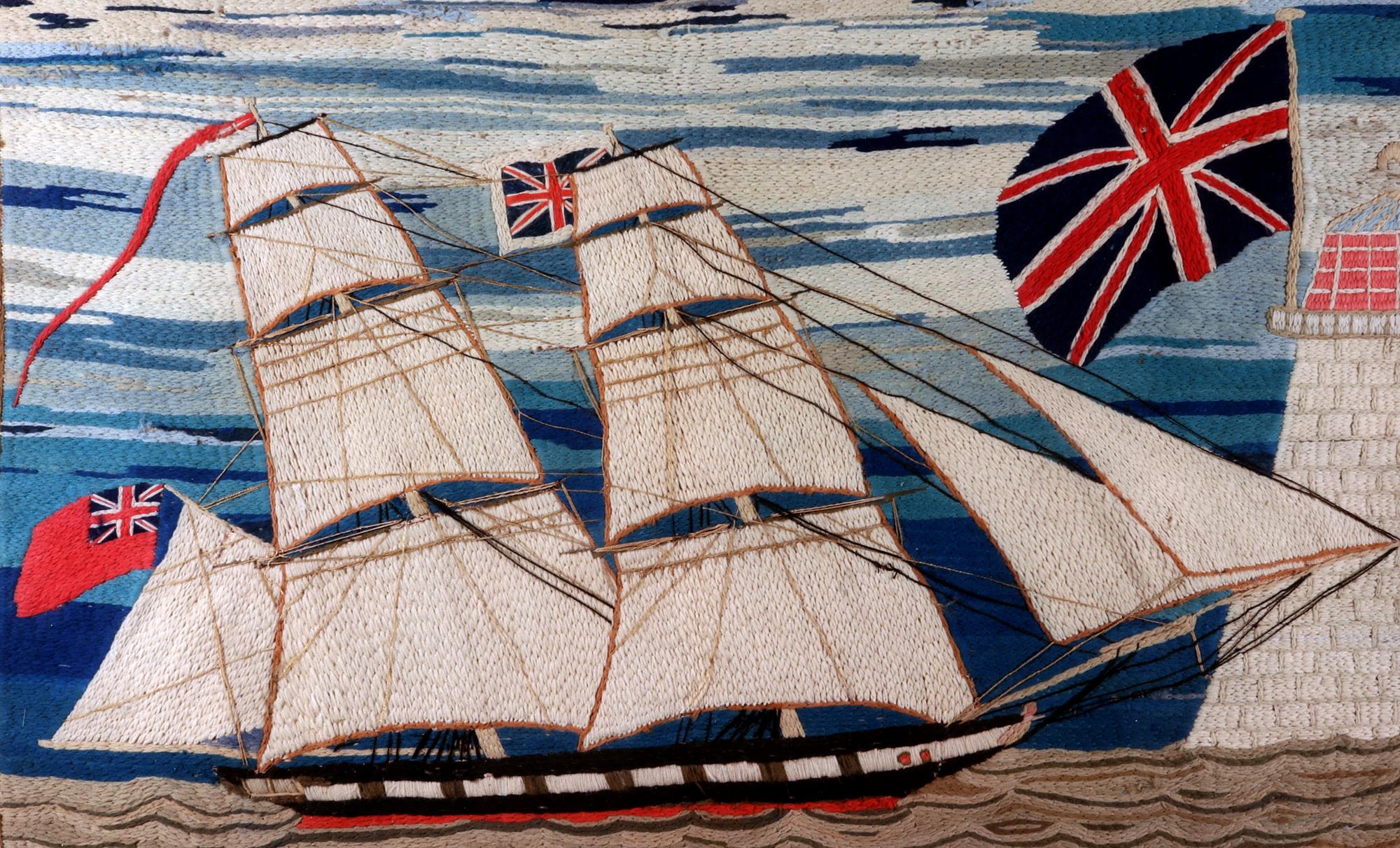 Britische Seemannswolle mit ungewhnlicher Bordre und feinem Kettenstich (Englisch) im Angebot