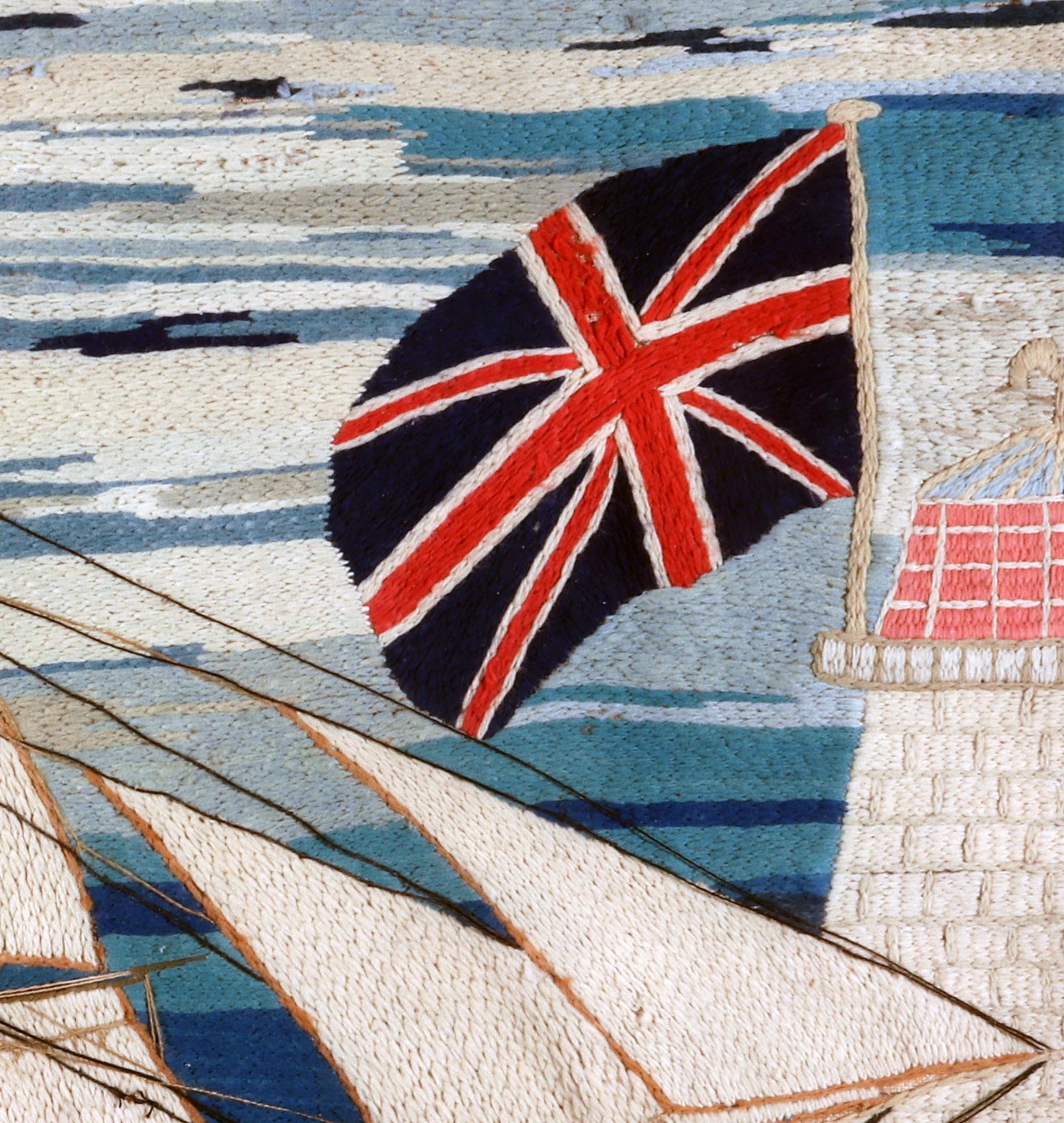 British Sailor's Woolwork with Unusual Border and a Fine Chain Stitch In Good Condition For Sale In Downingtown, PA
