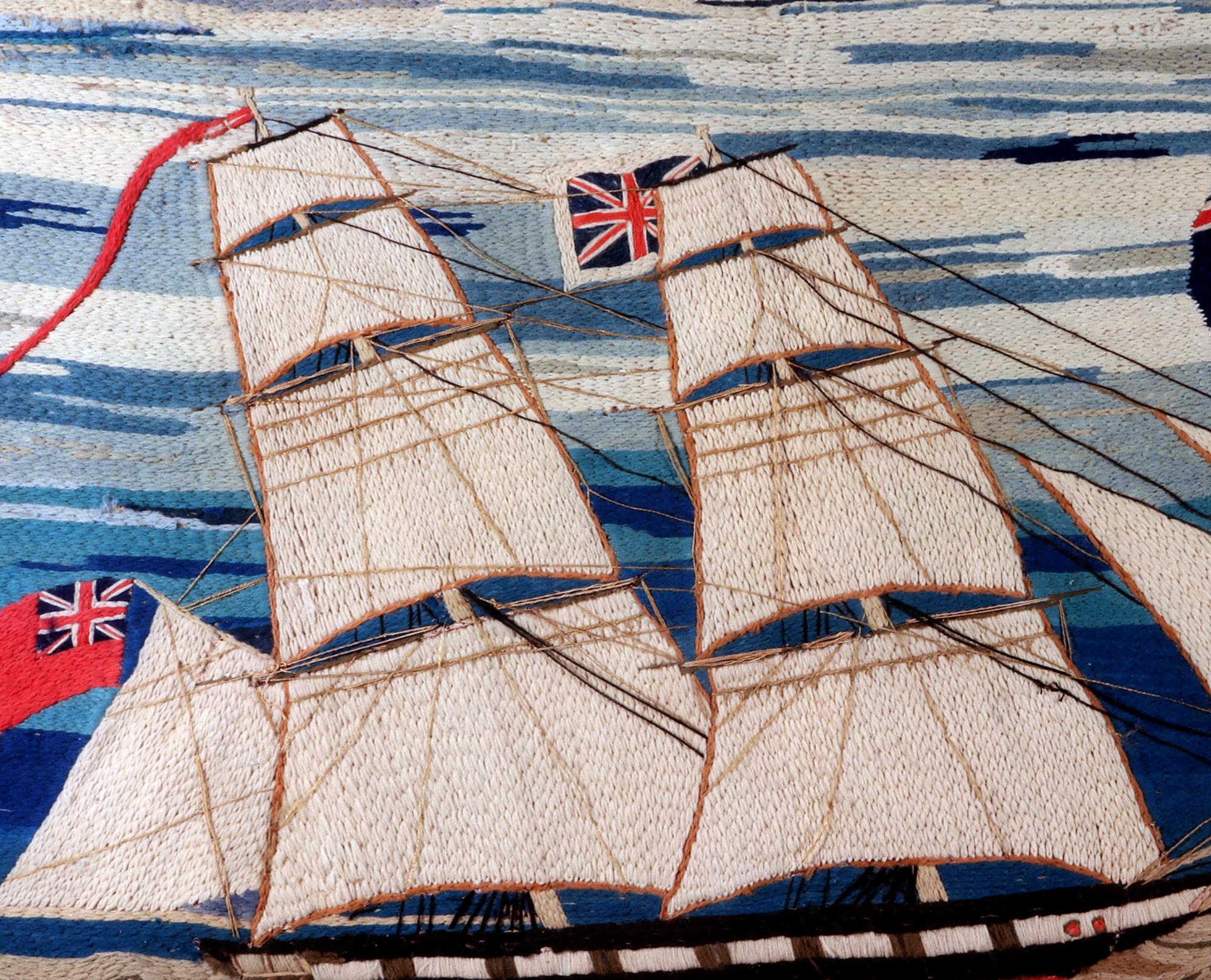 Mid-19th Century British Sailor's Woolwork with Unusual Border and a Fine Chain Stitch For Sale