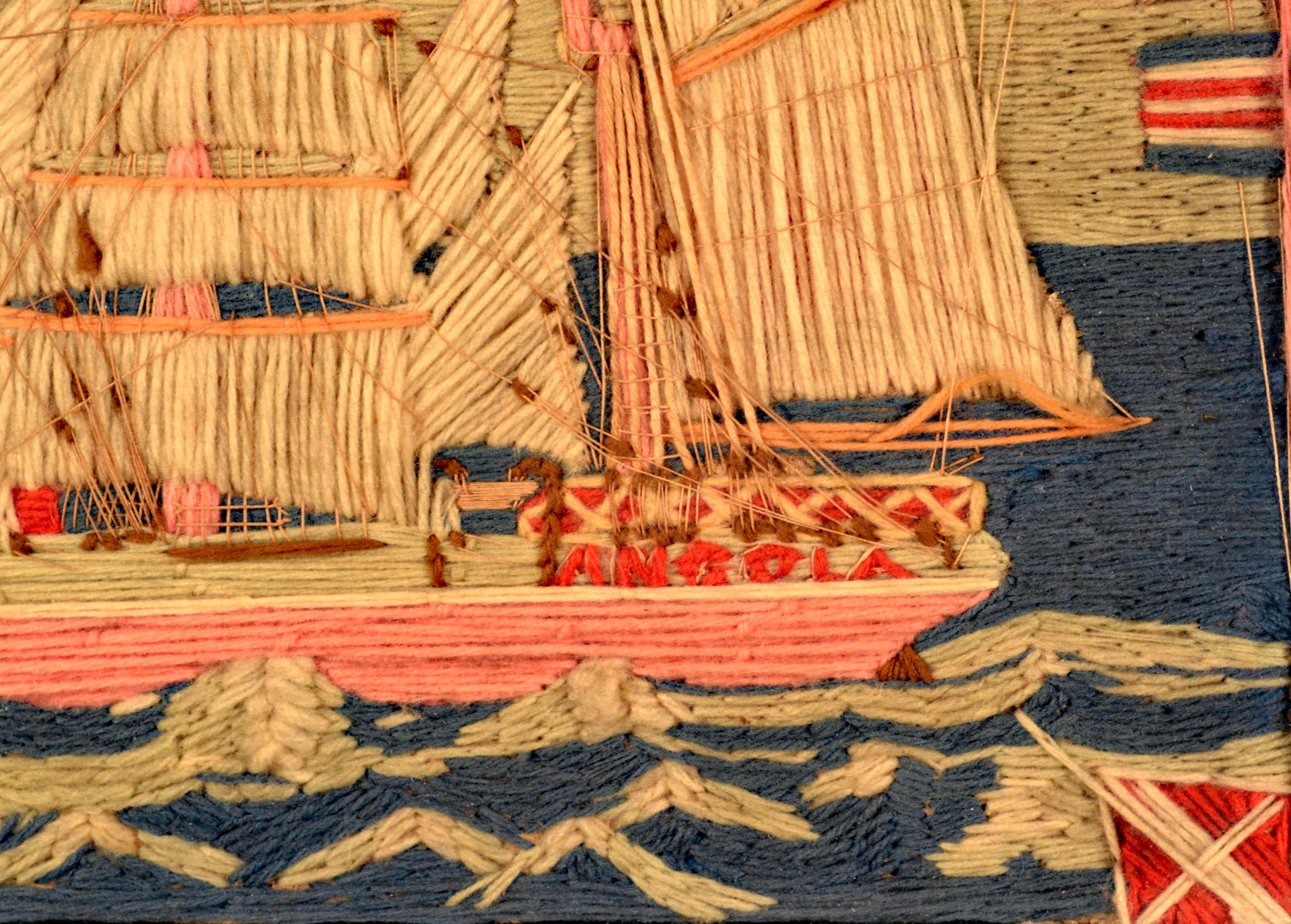 British sailor's Woolwork (woolie) of the Angola,
circa 1875-1885.

The colorful sailor's woolwork known as a woolie depicts a portside view of a fully-rigged three-masted underway on a rough sea. The wool is beautifully rendered in a Folk Art