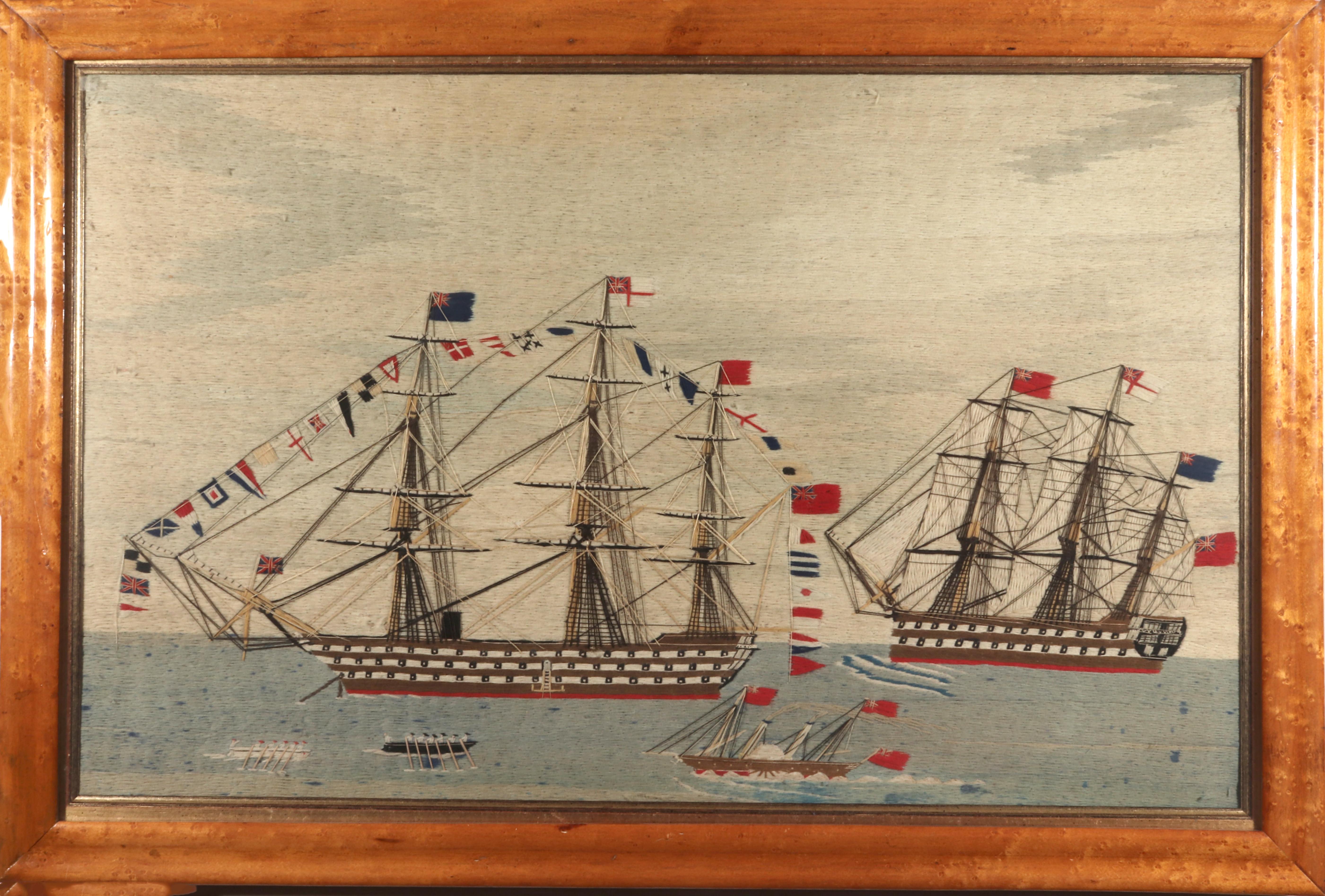 19th Century British Sailor's Woolwork Woolie of Two Battleships, One Fully Dressed