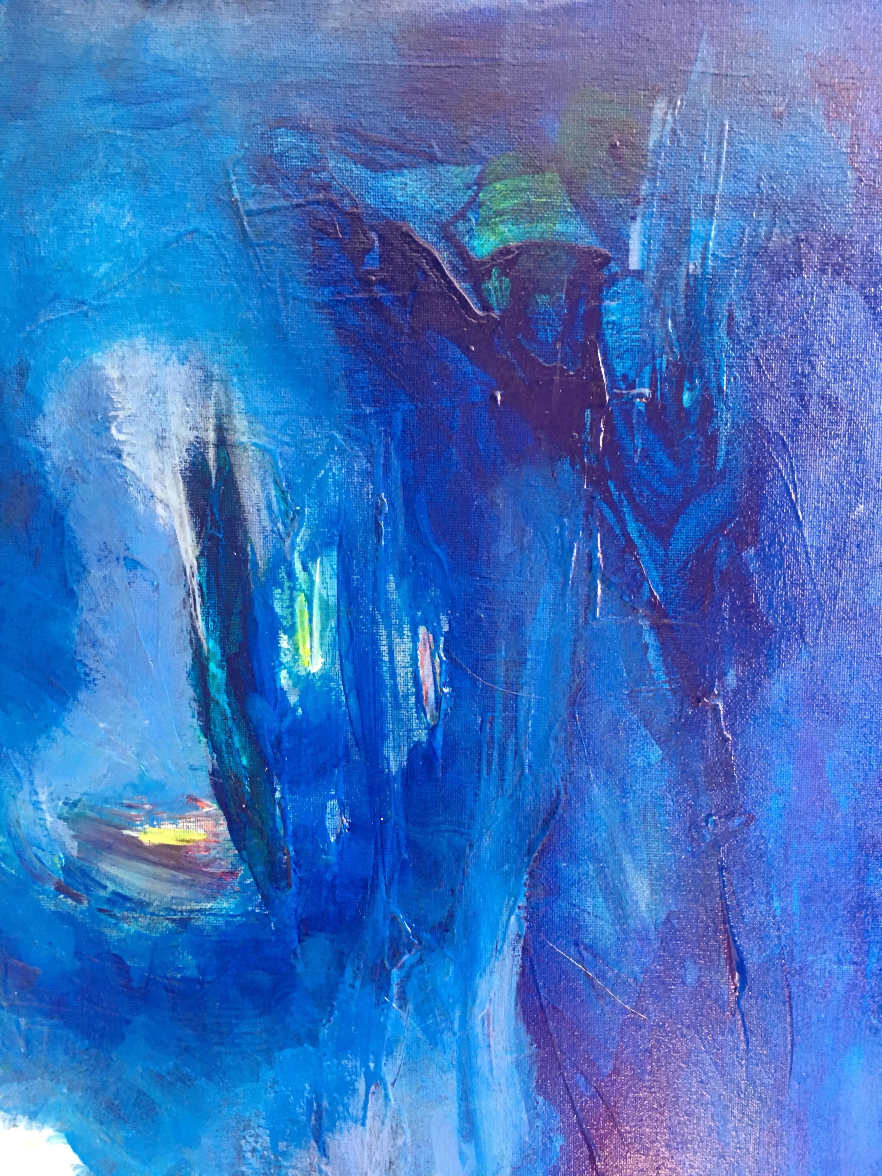 Tutto blu, Pittura a olio astratta, firmata - Portrait Painting Blu di Unknown