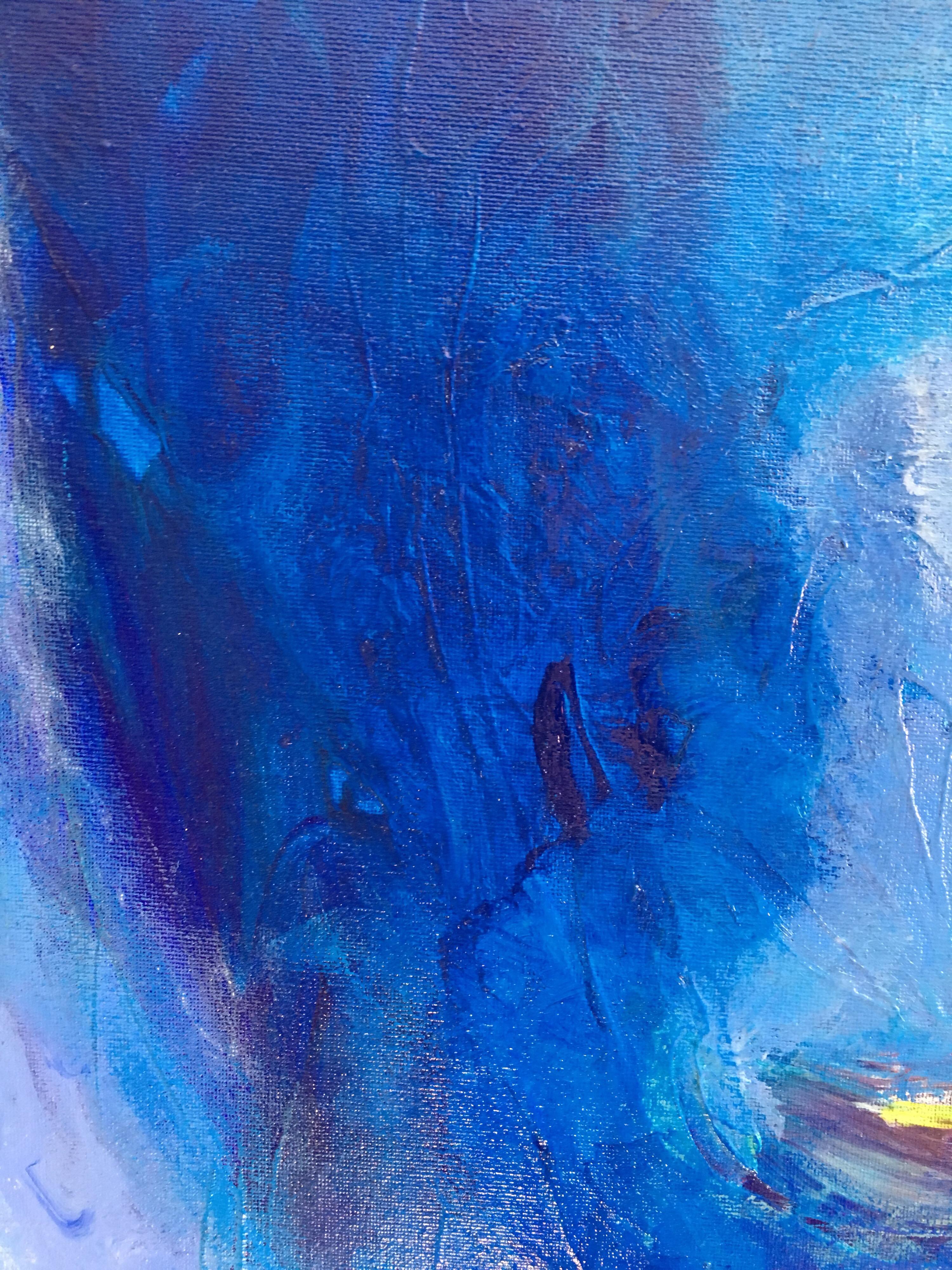 Peinture à l'huile abstraite entièrement bleue, signée en vente 1