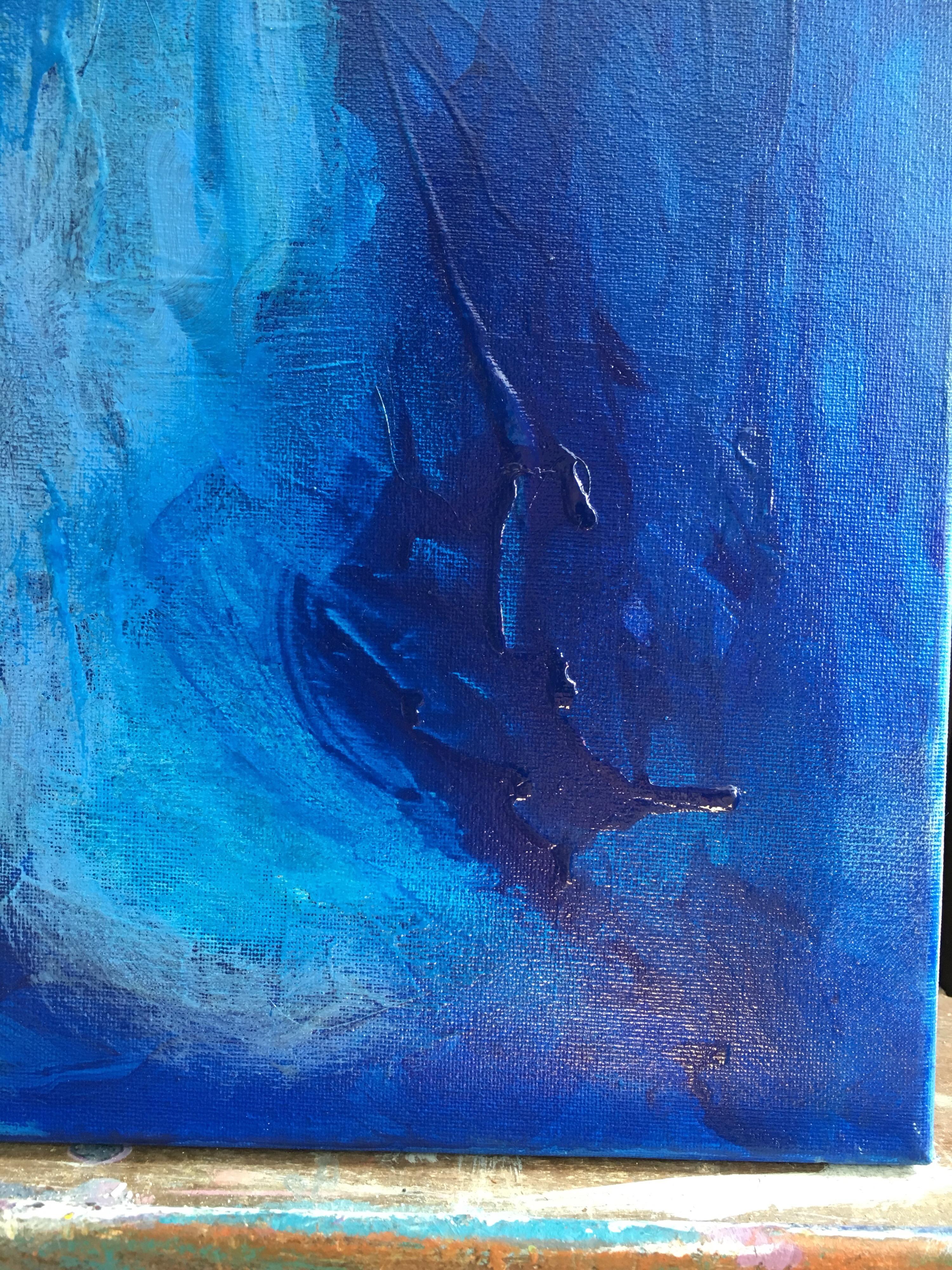 Tutto blu, Pittura a olio astratta, firmata in vendita 2