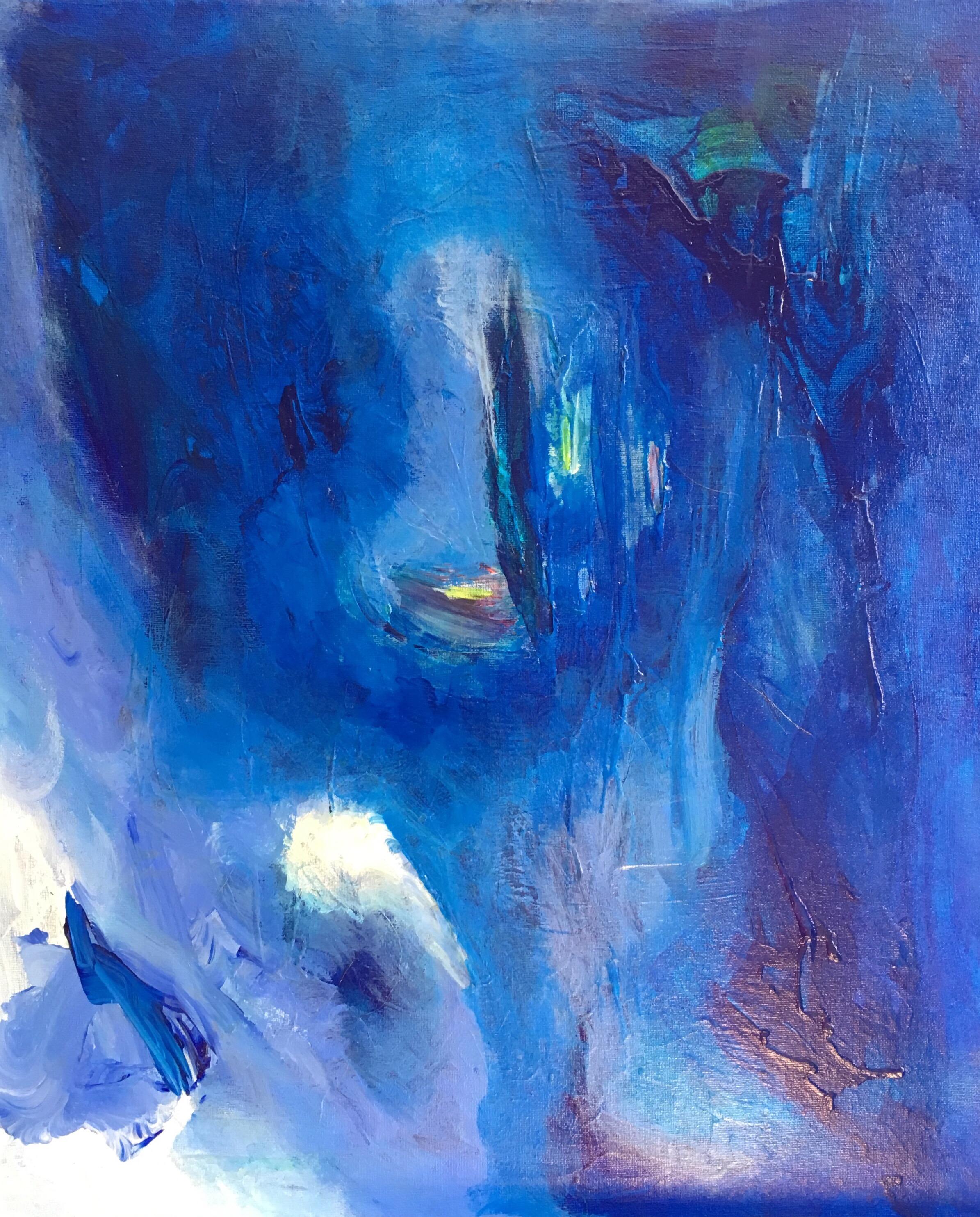 Portrait Painting Unknown - Peinture à l'huile abstraite entièrement bleue, signée