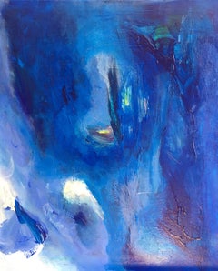 Blaues, abstraktes Ölgemälde, signiert