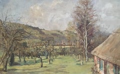 Vintage Autumnal Landscape, Rural Farmhouse, Impressionist Oil Painting 