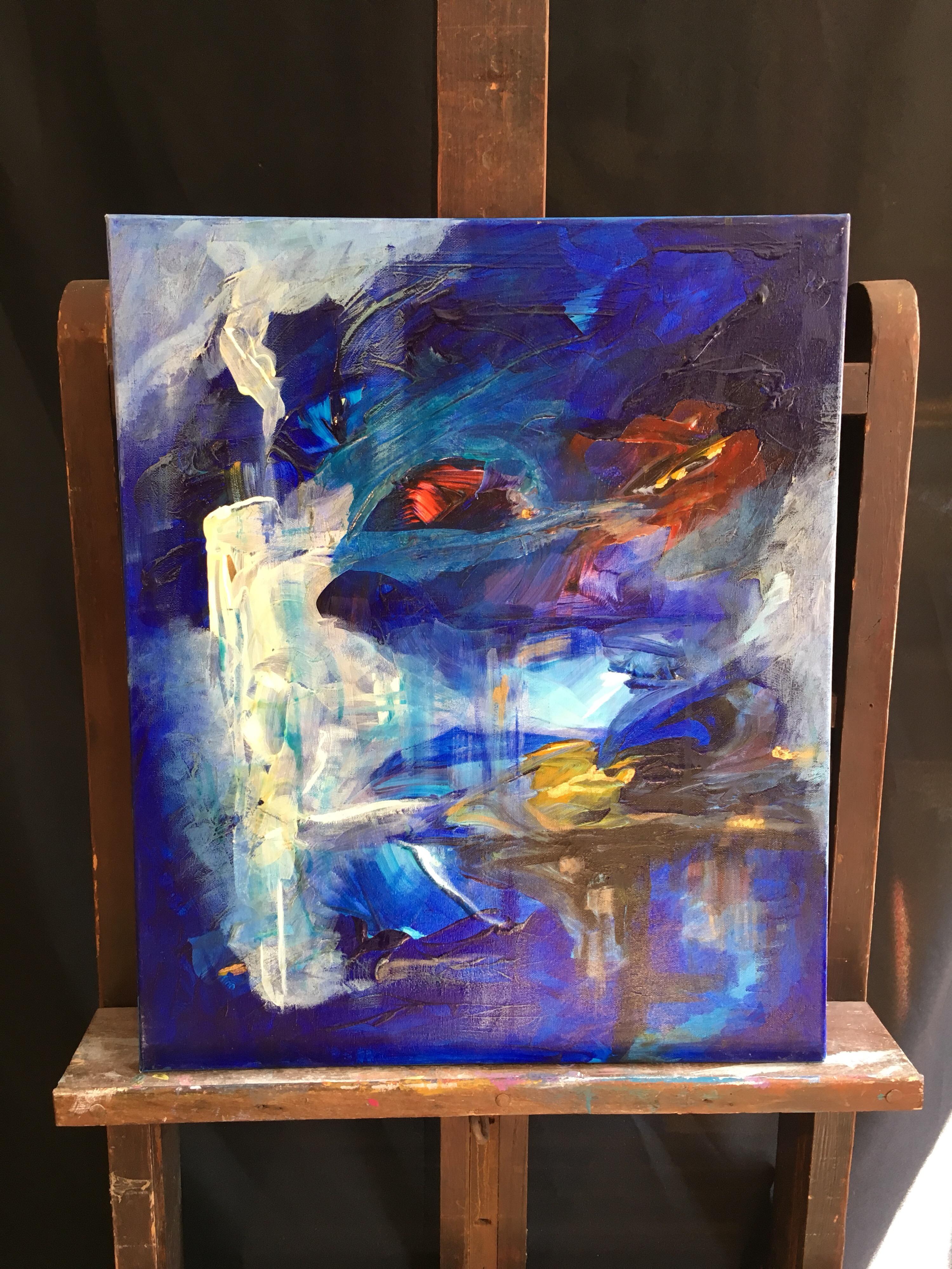 Monde bleu, peinture à l'huile abstraite, signée - Painting de Unknown