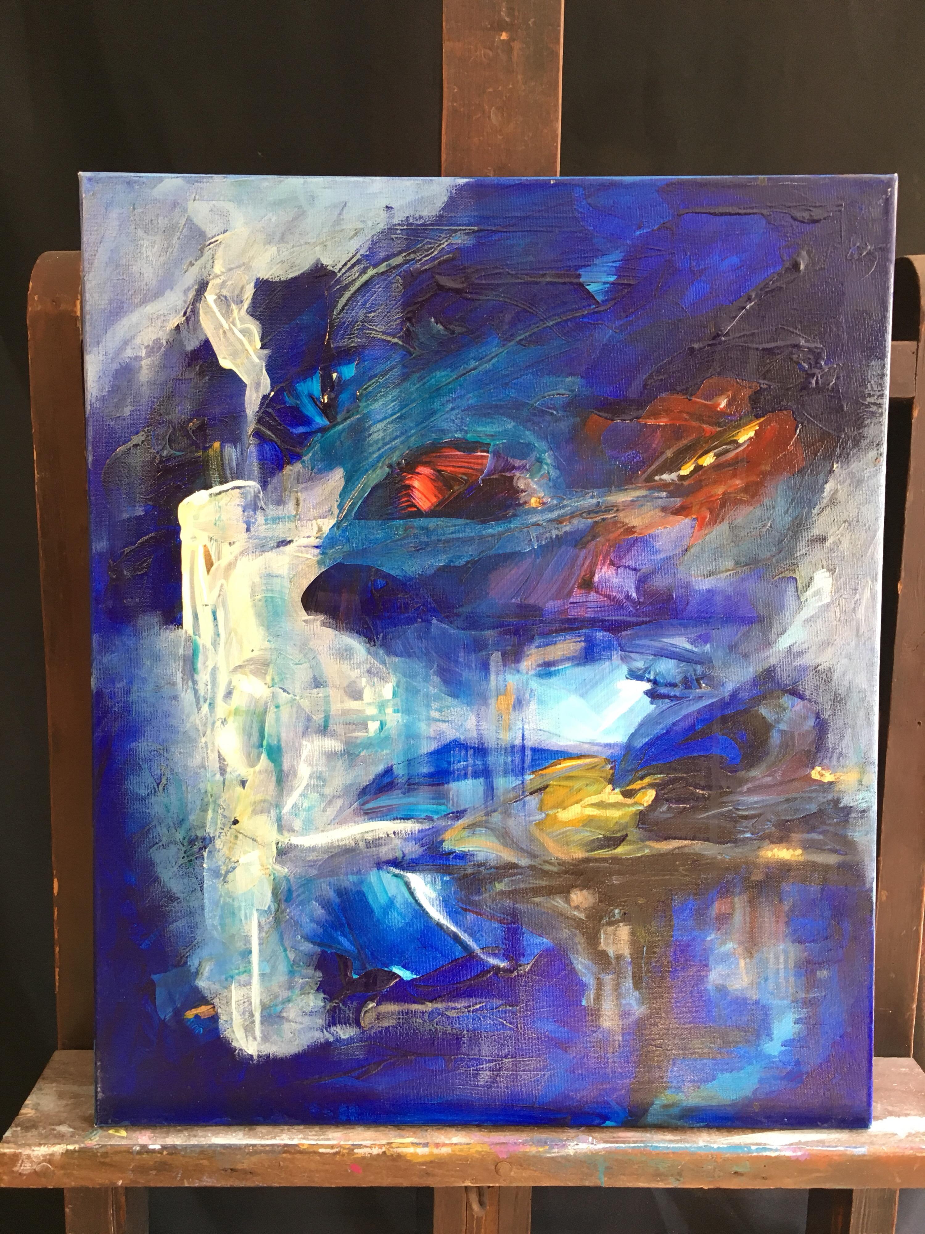 Blue World, Abstract Oil Painting, Signed
By British School artist, 21st Century
Signed indistinctly on the back top corner
Oil painting on canvas, unframed
Canvas size: 23 x 19.5 inches

Undeniably stylish abstract oil painting, using a rich