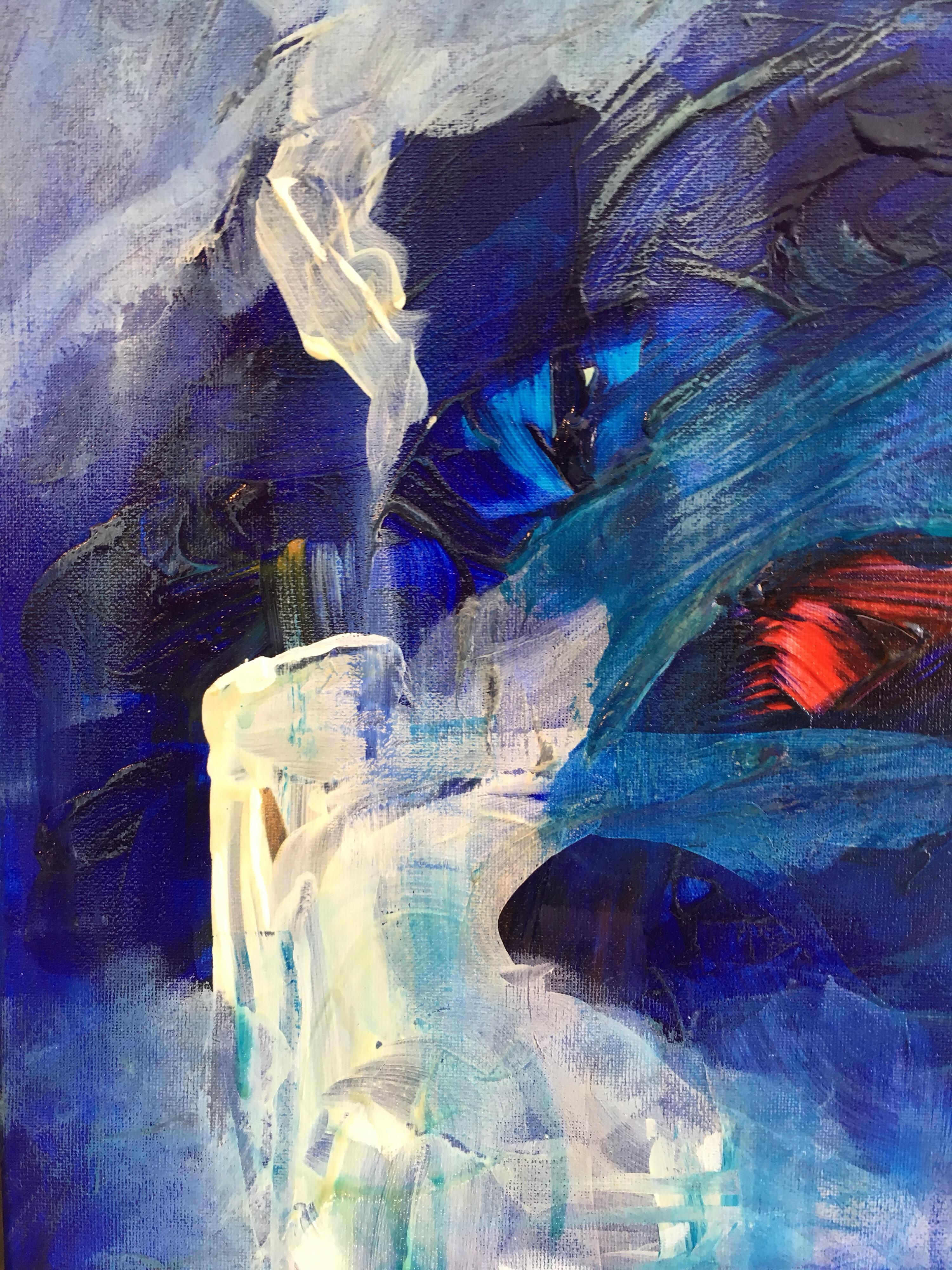 Monde bleu, peinture à l'huile abstraite, signée
Par l'artiste de l'école britannique, 21e siècle
Signé indistinctement dans le coin supérieur arrière.
Peinture à l'huile sur toile, non encadrée
Taille de la toile : 23 x 19.5 pouces

Peinture à