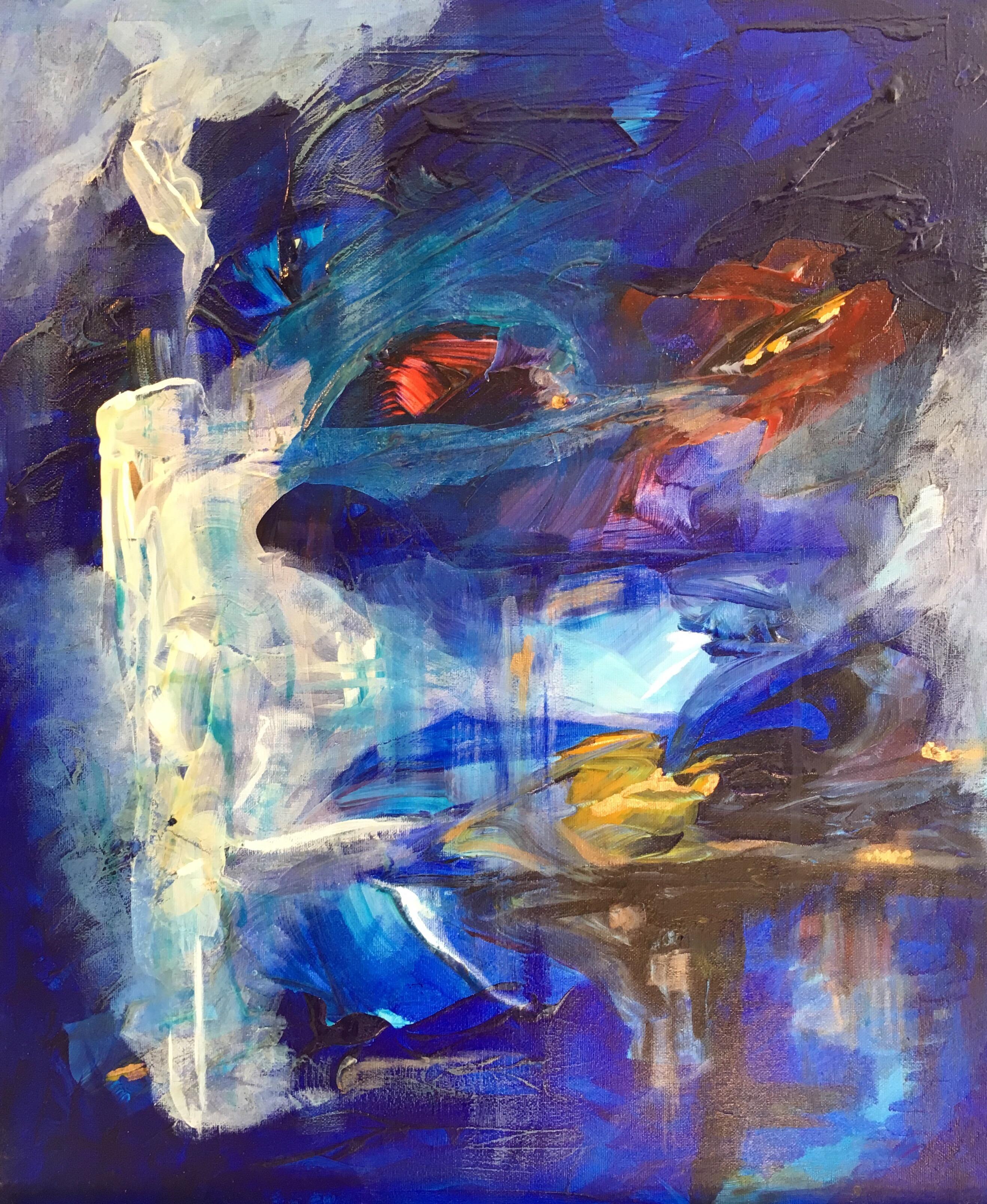 Unknown Abstract Painting – Blaue Welt, Abstraktes Ölgemälde, Signiert