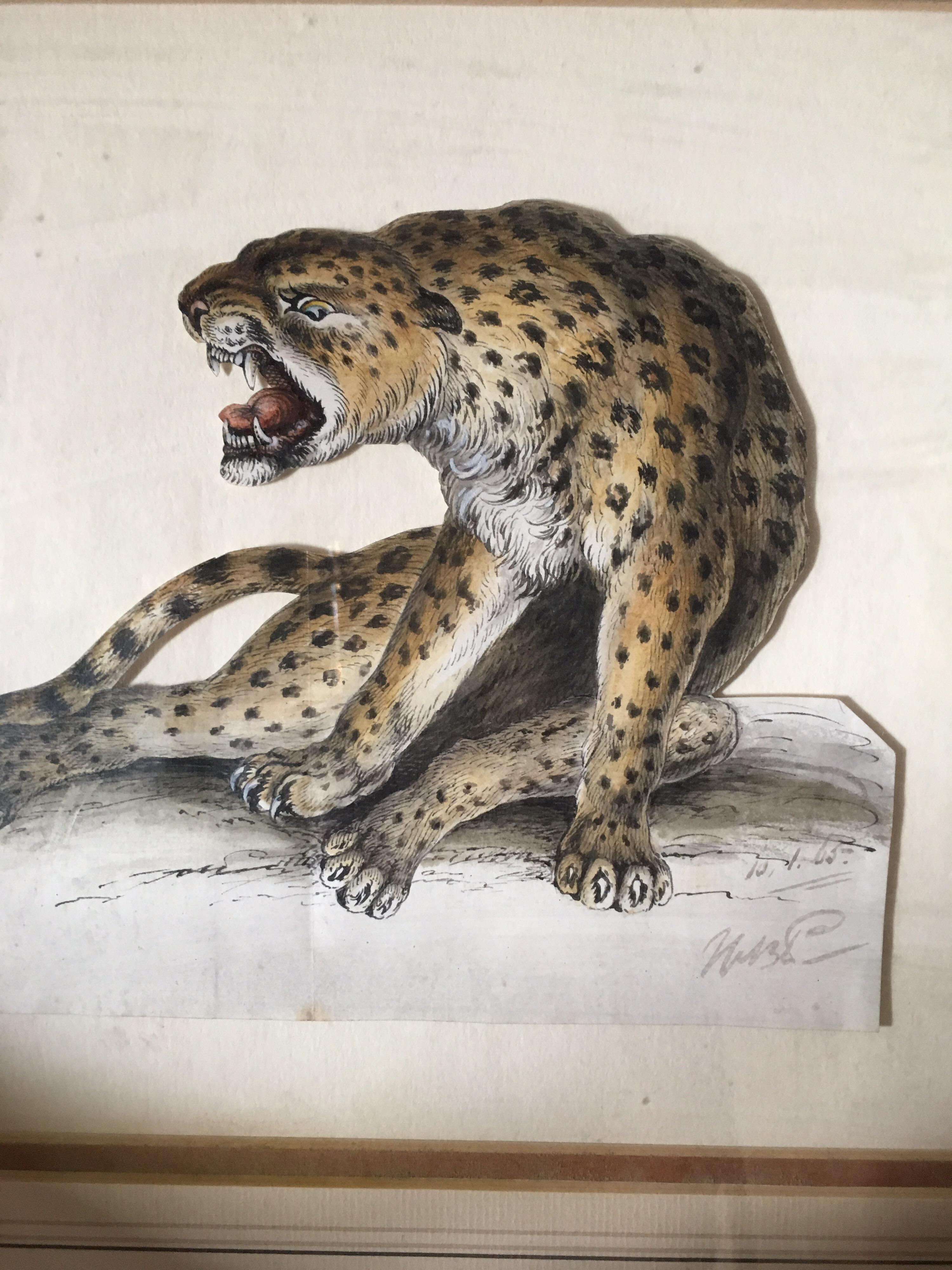 Cheetah Antique Watercolour, British Artist, Original Painting
By British artist, early 20th Century
Signed indistinctly on the lower right hand corner
Watercolour and Pencil, cut out and attached to board, framed
Framed size: 15 x 17