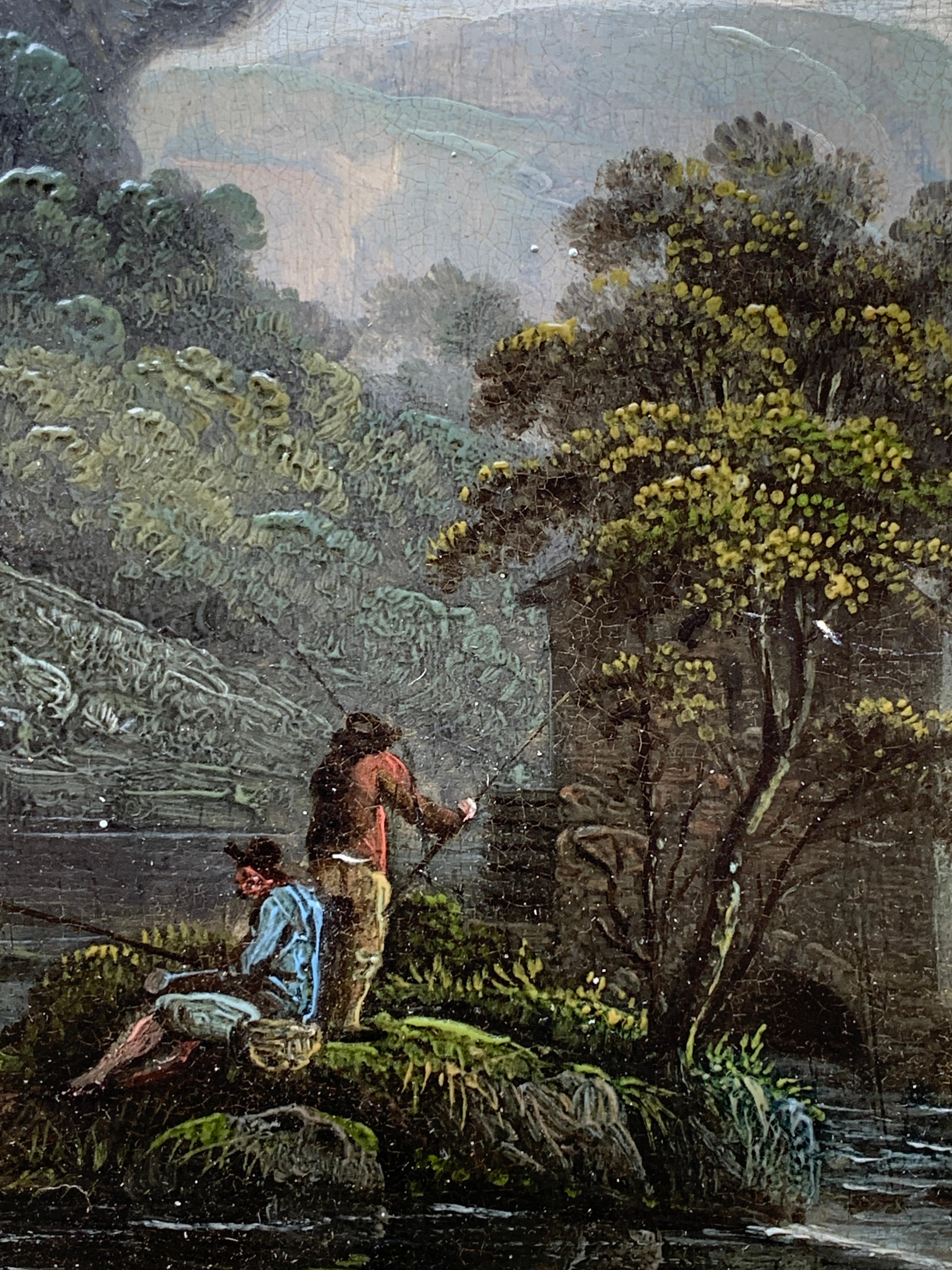 Early 19th century English  River landscape with fishermen - Painting by Unknown