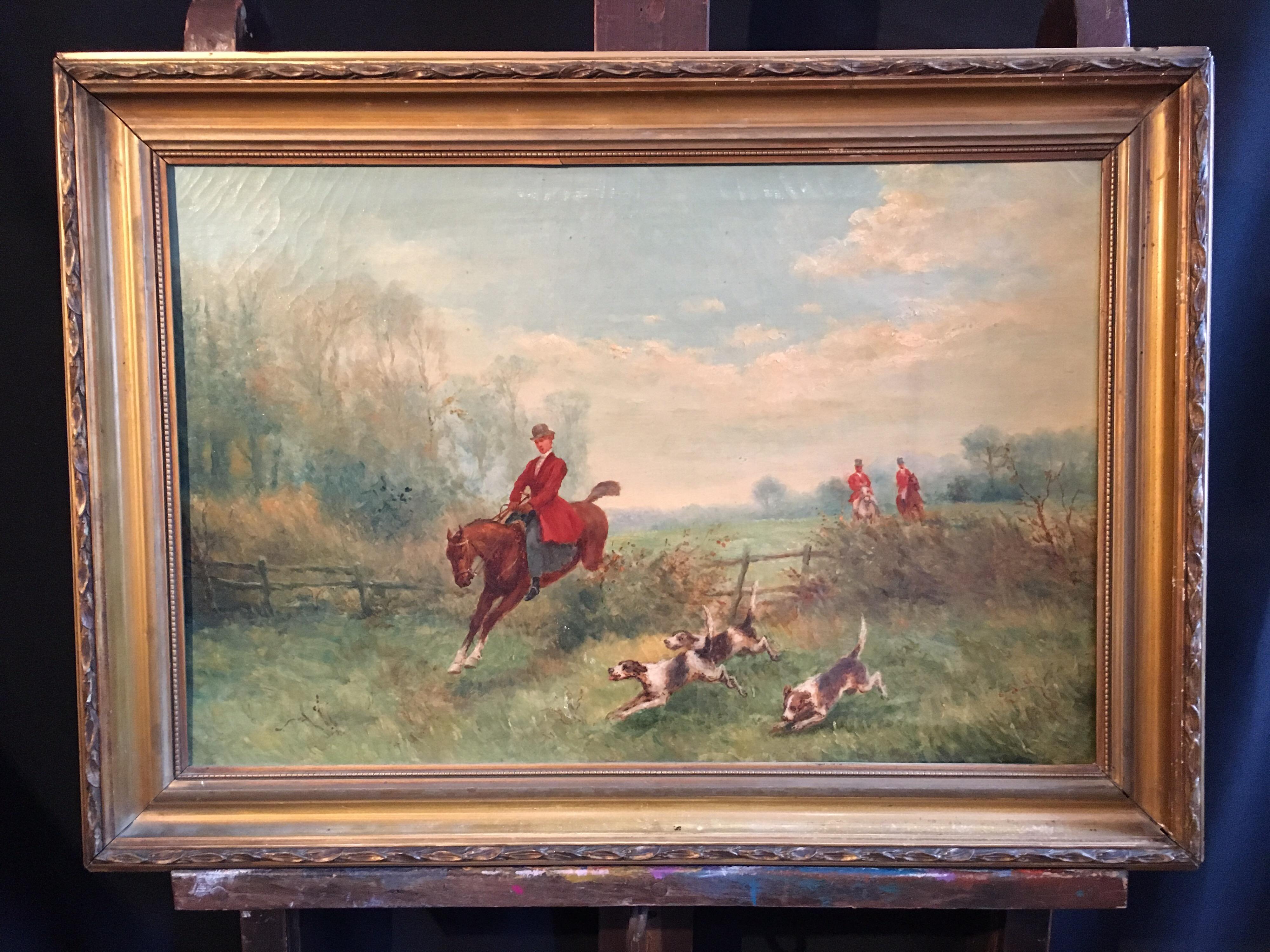 Hunt Scene, Sporting British Landscape, Original Frame - Painting by Unknown