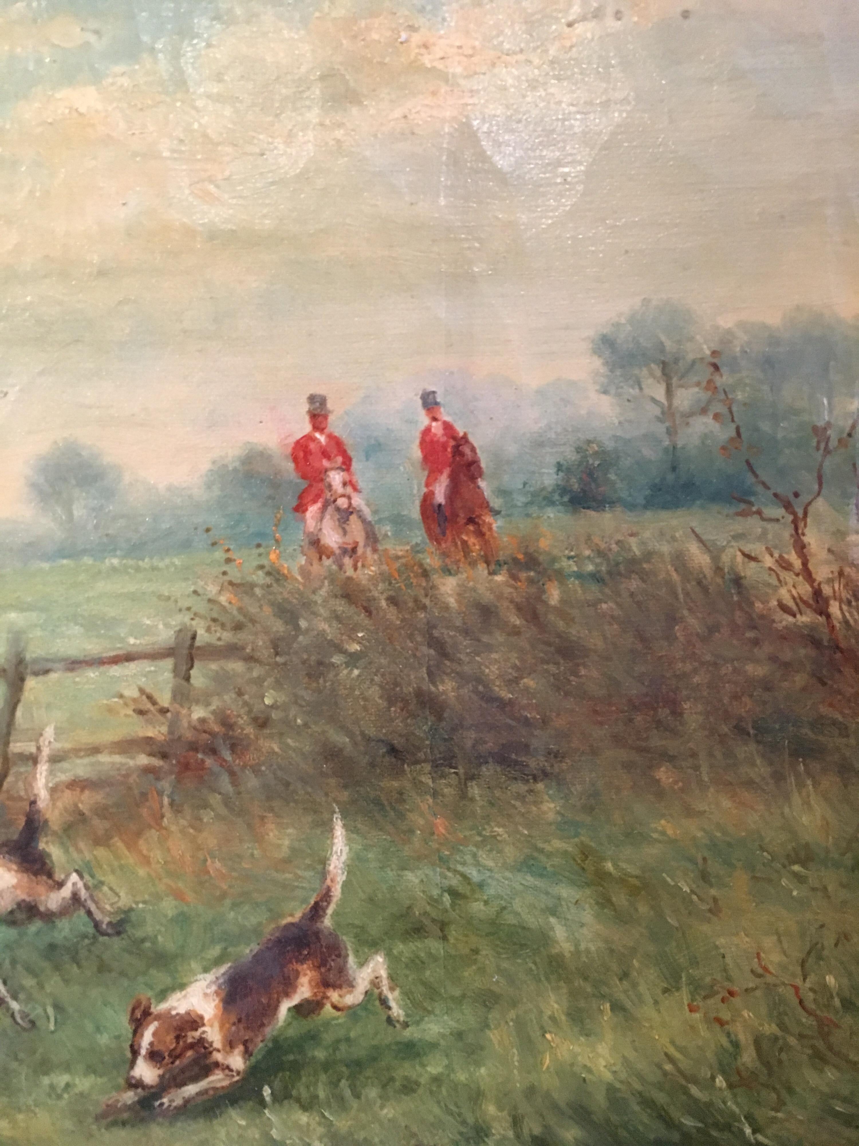 Hunt Scene, Sporting British Landscape, Original Frame - Victorian Painting by Unknown