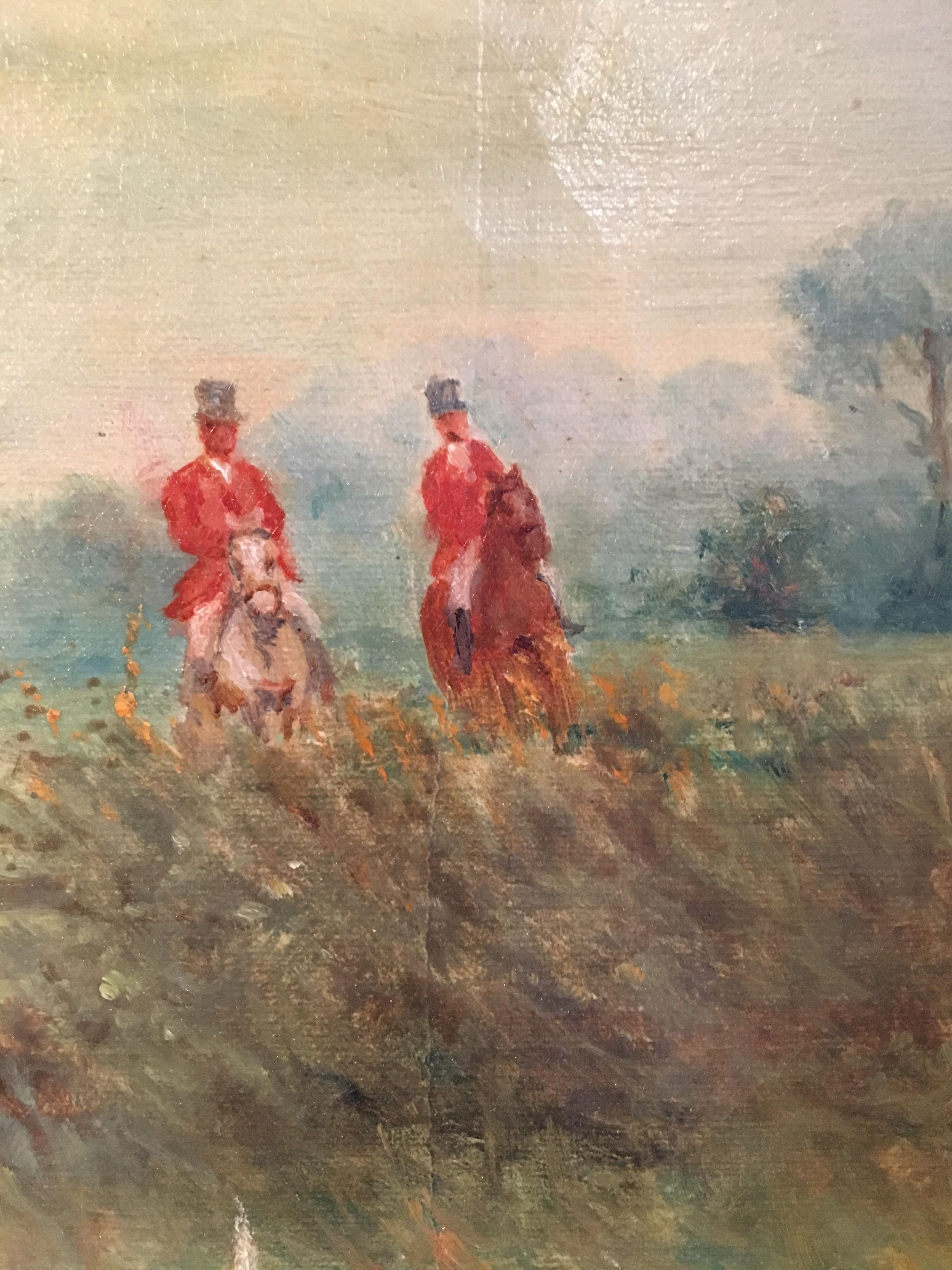 Hunt Scene, Sporting British Landscape, Original Frame - Brown Landscape Painting by Unknown