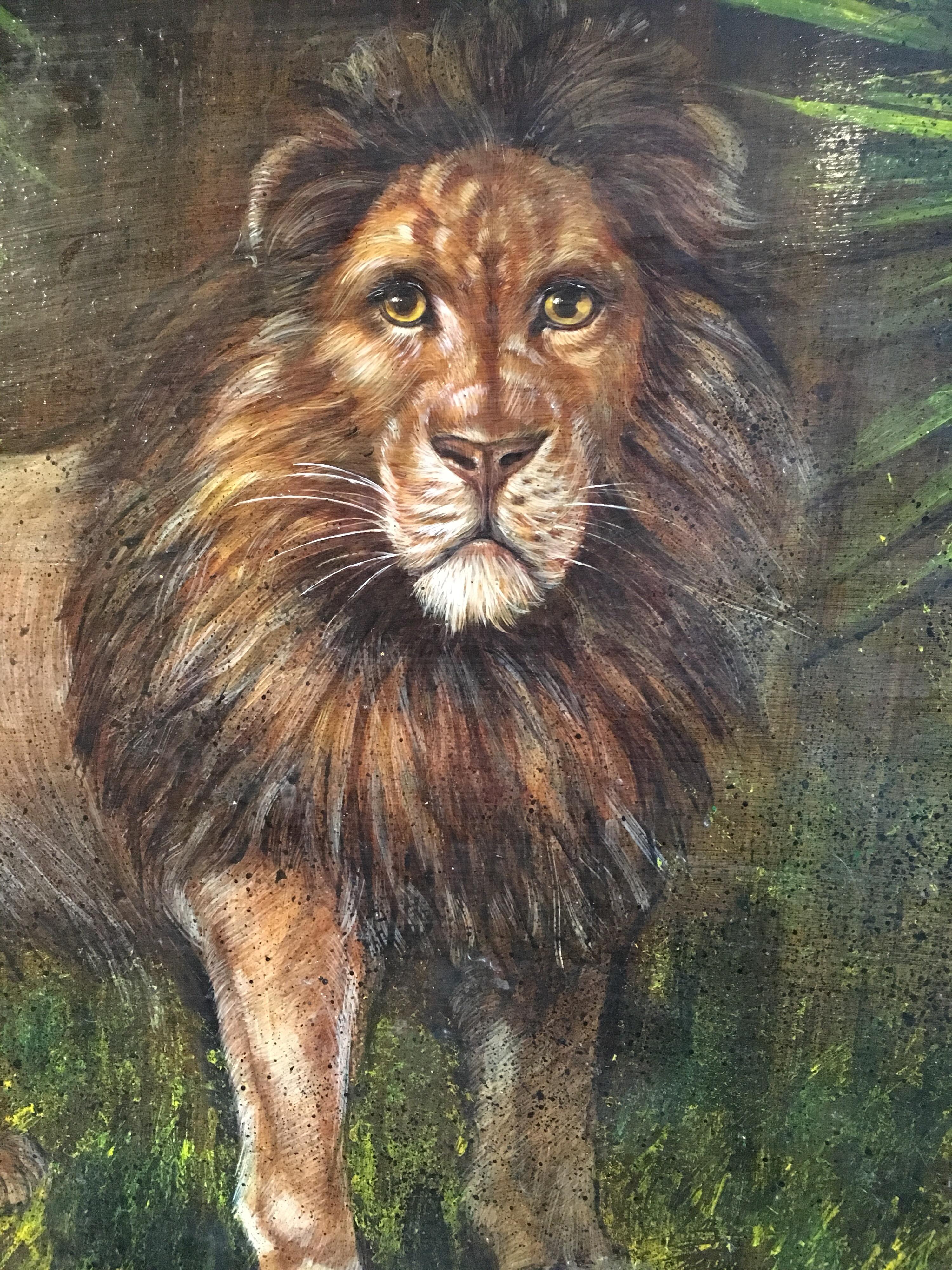 King of the Jungle, Large Impressionist Oil Painting of a Lion  - Black Animal Painting by Unknown