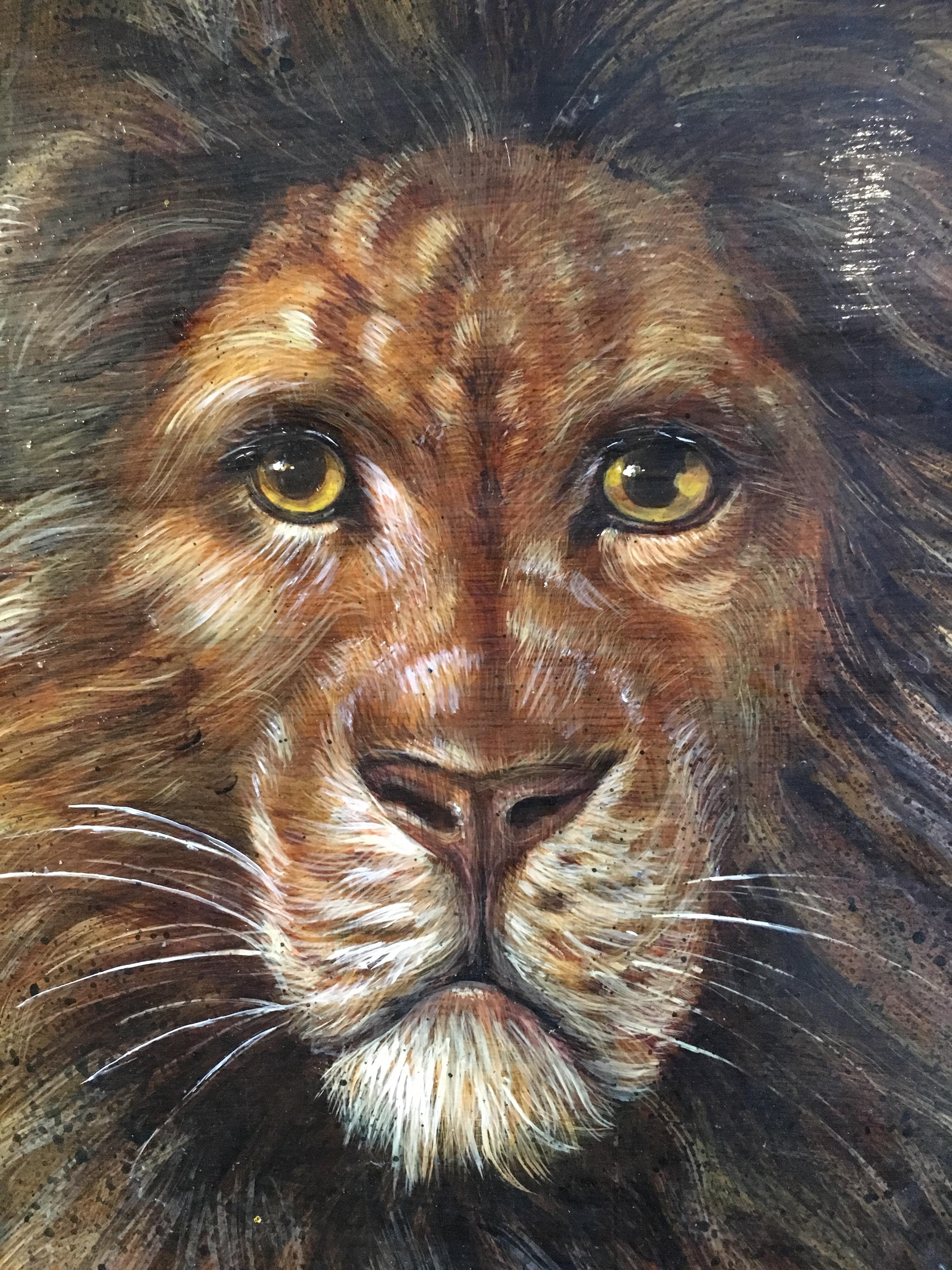 King of the Jungle, Large Impressionist Oil Painting of a Lion 
British School, late 20th Century
Oil painting on board, unframed
Board size: 24 x 36 inches

Powerful impressionist oil painting of a handsome lion.  The tropical leaves over hanging