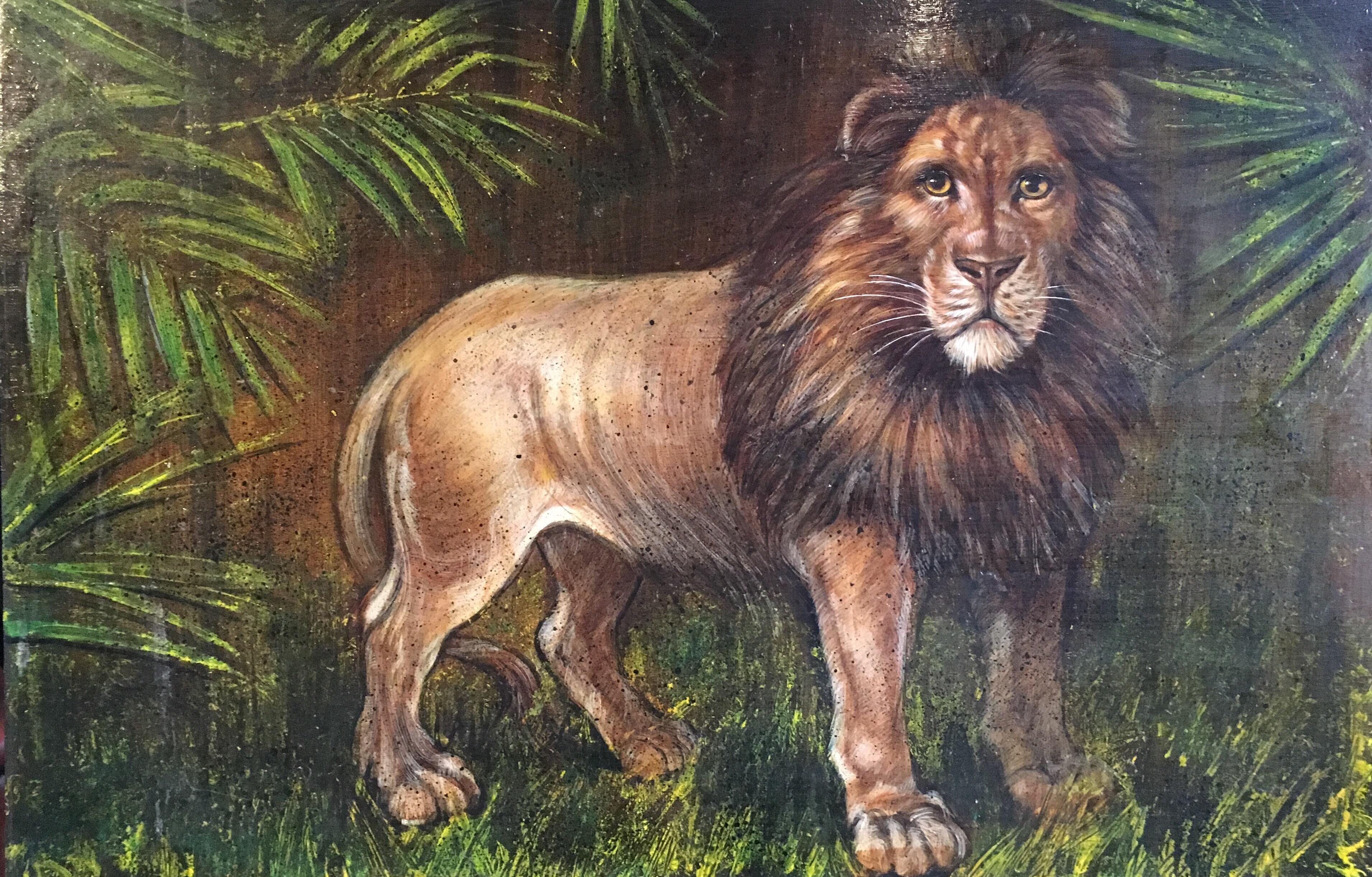 Re della giungla, grande dipinto a olio impressionista raffigurante un leone