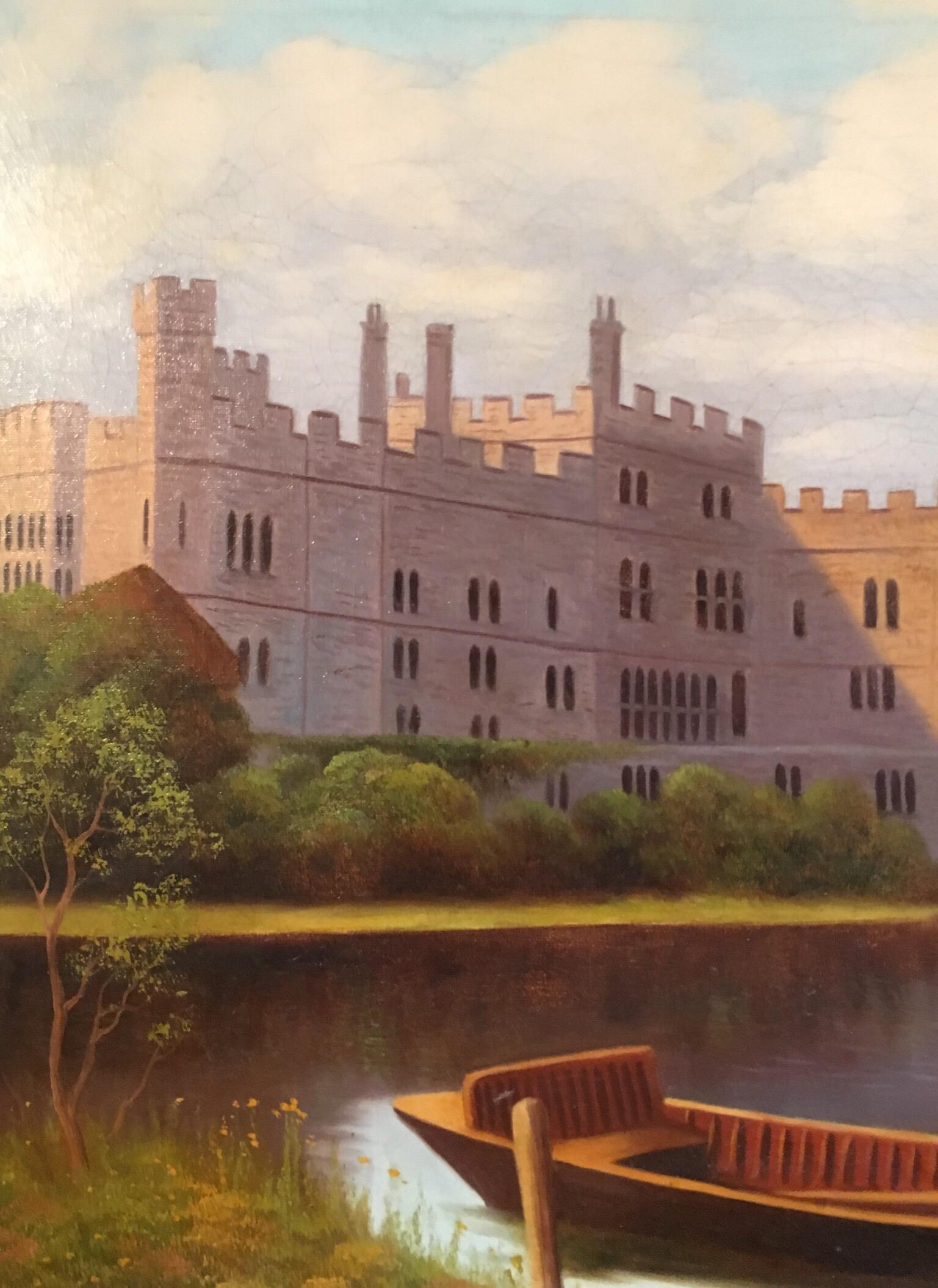 Leeds Castle, Kent, Fine British Antique Oil Painting, Signed - Beige Still-Life Painting by Unknown