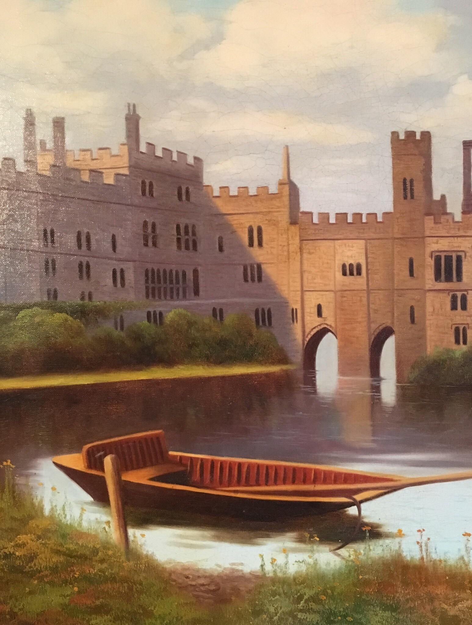 Leeds Castle, Kent
By British artist, early 20th Century
The artist has signed the painting indistinctly on the lower right hand corner
Oil painting on canvas, framed
Frame size: 26.5 x 36.5 inches

Wonderful landscape oil painting of Leeds Castle