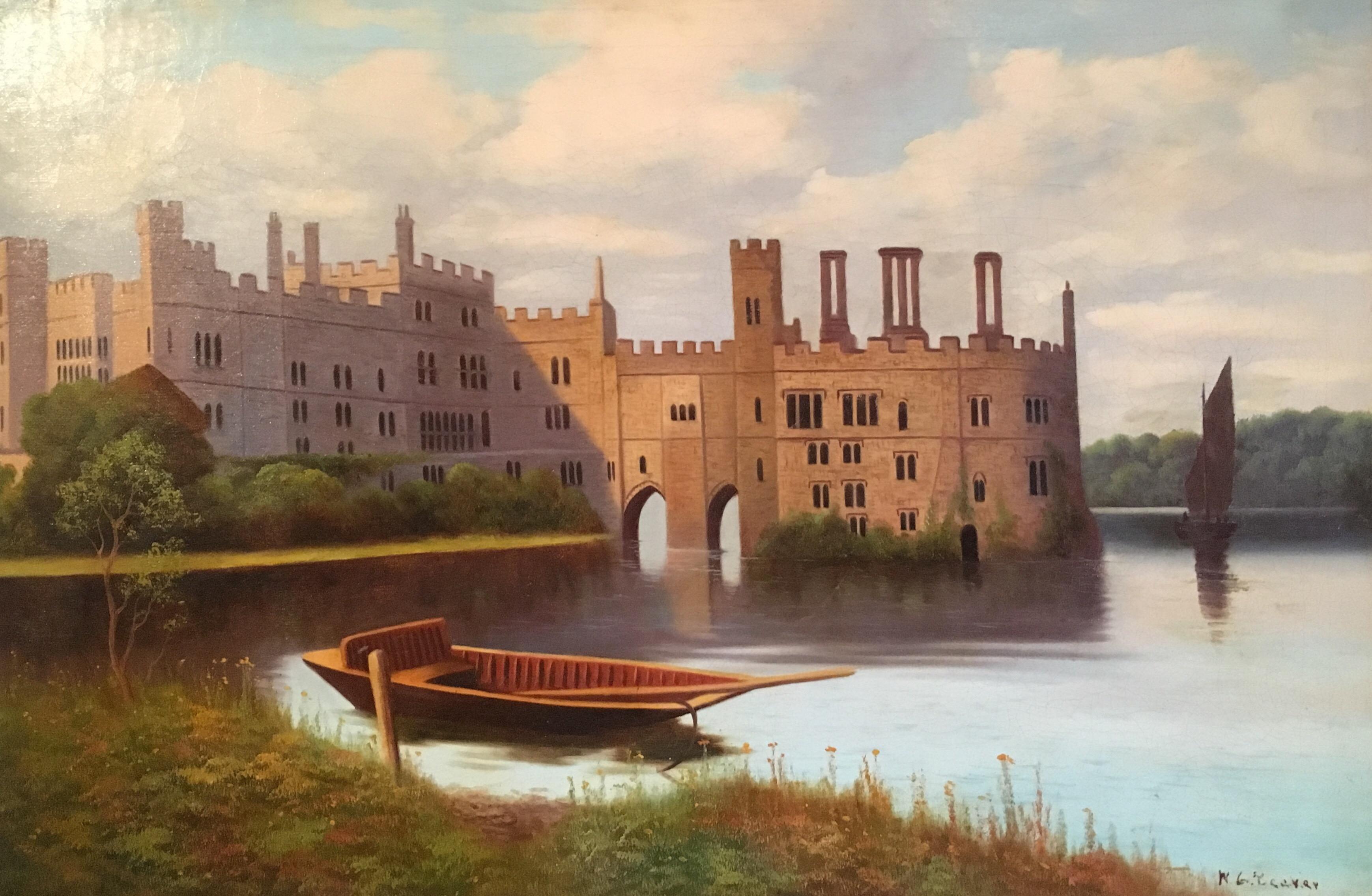 Unknown Still-Life Painting - Leeds Castle, Kent, Fine British Antique Oil Painting, Signed