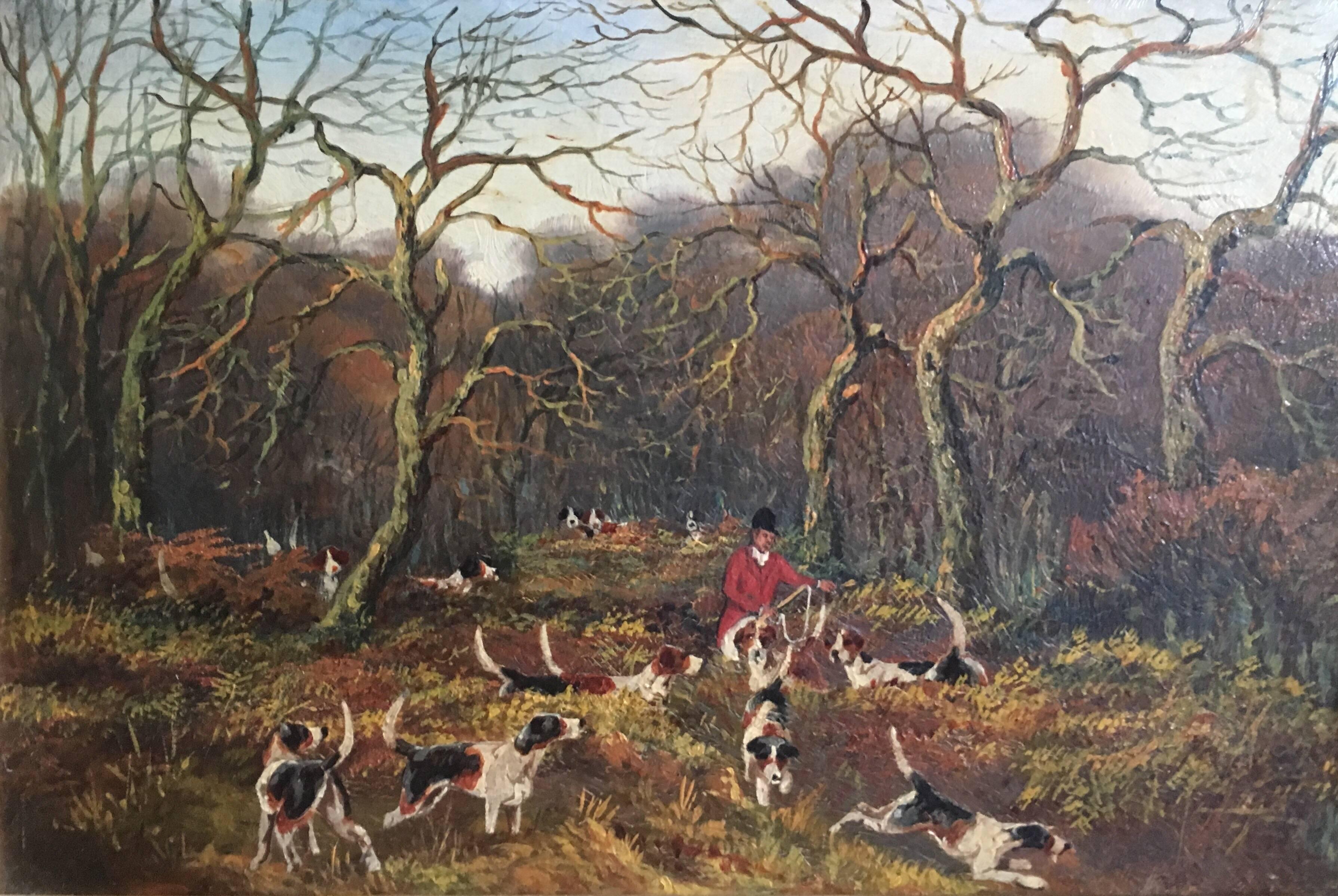 Unknown Landscape Painting - Master of Fox Hounds, British Hunt, Antique Oil Painting 