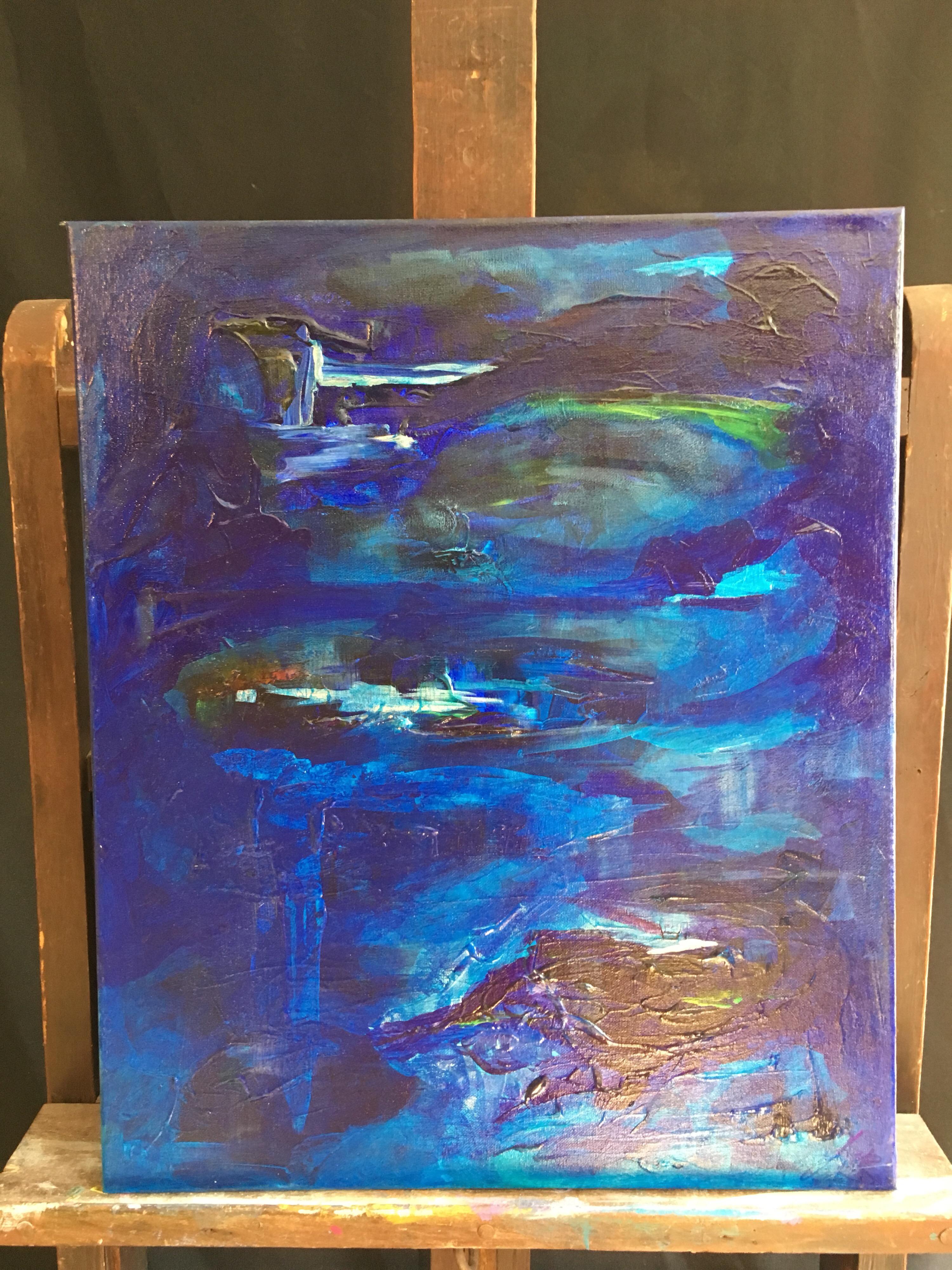 Peinture à l'huile abstraite bleue ouverte, signée - Painting de Unknown