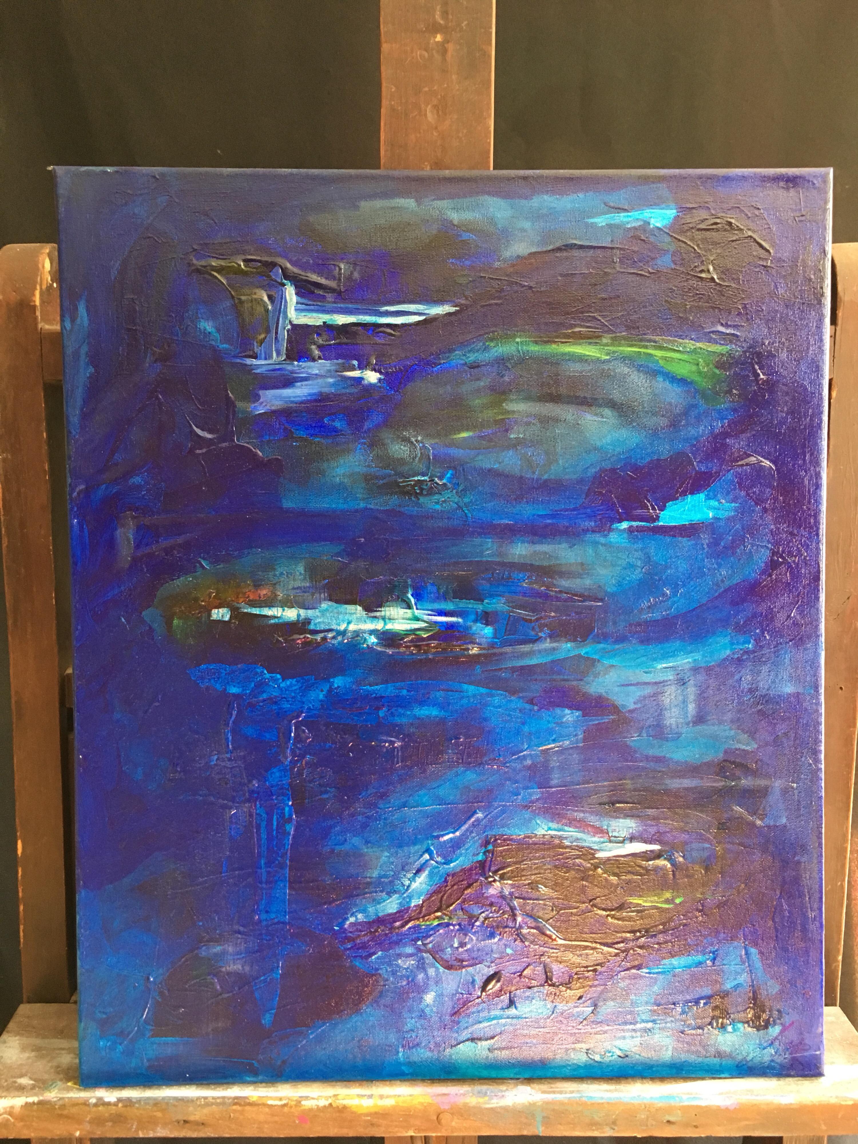 Open Blue, Abstract Oil Painting, Signed
By British Schooled artist, 21st Century
Signed indistinctly on the back top corner
Oil painting on canvas, unframed
Canvas size: 23 x 19.5 inches

Undeniably stylish abstract oil painting, using a rich