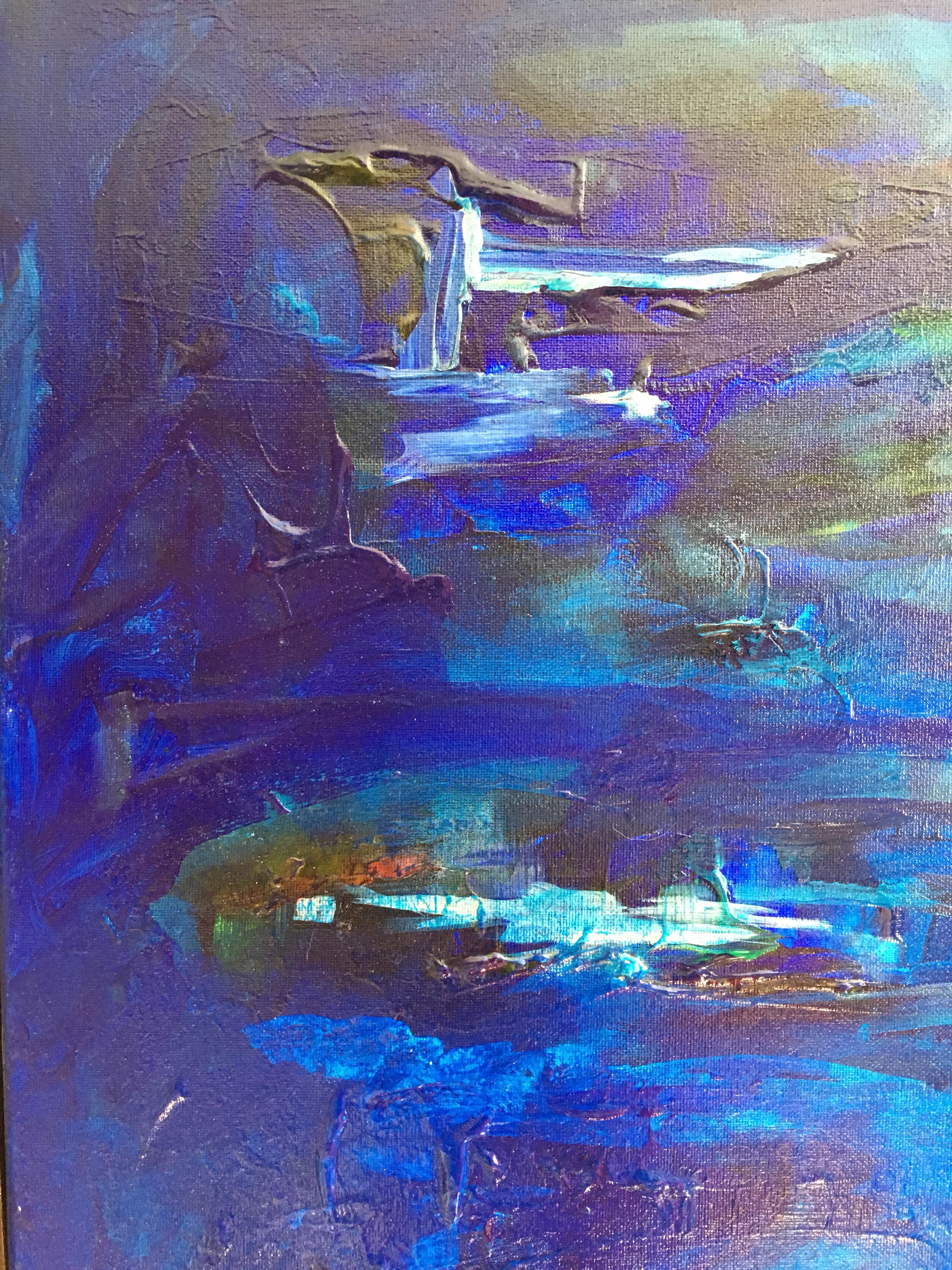 Open Blue, Abstract Oil Painting, Signed
By British Schooled artist, 21st Century
Signed indistinctly on the back top corner
Oil painting on canvas, unframed
Canvas size: 23 x 19.5 inches

Undeniably stylish abstract oil painting, using a rich