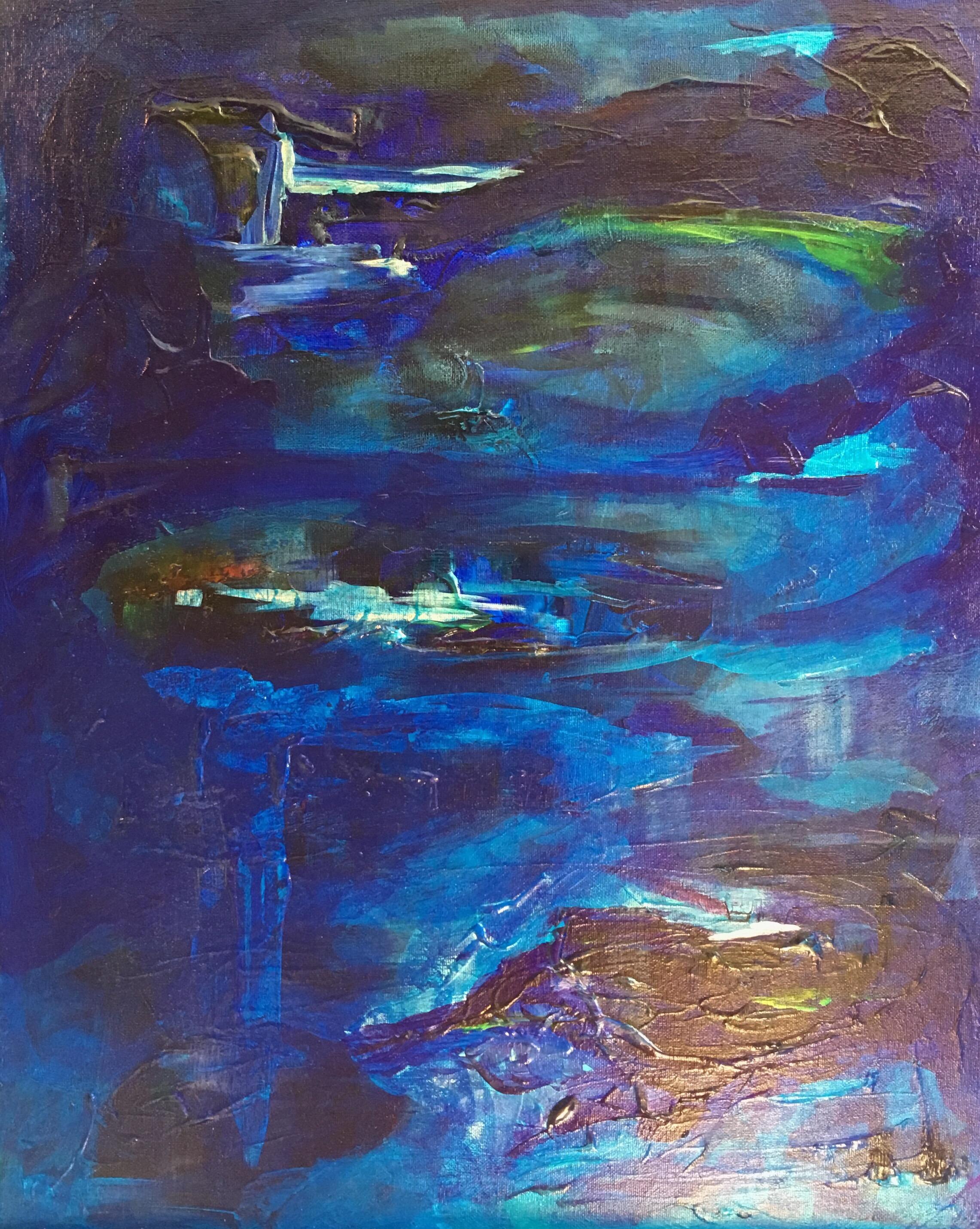 Portrait Painting Unknown - Peinture à l'huile abstraite bleue ouverte, signée