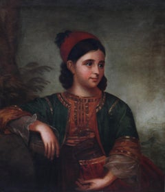 Femme turque orientaliste - École britannique 19e art portrait peinture à l'huile