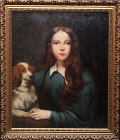 Portrait of a Young Woman with a Dog - British School 18thC art oil painting