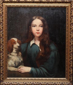 Portrait of a Young Woman with a Dog -  British School 18thC art oil painting