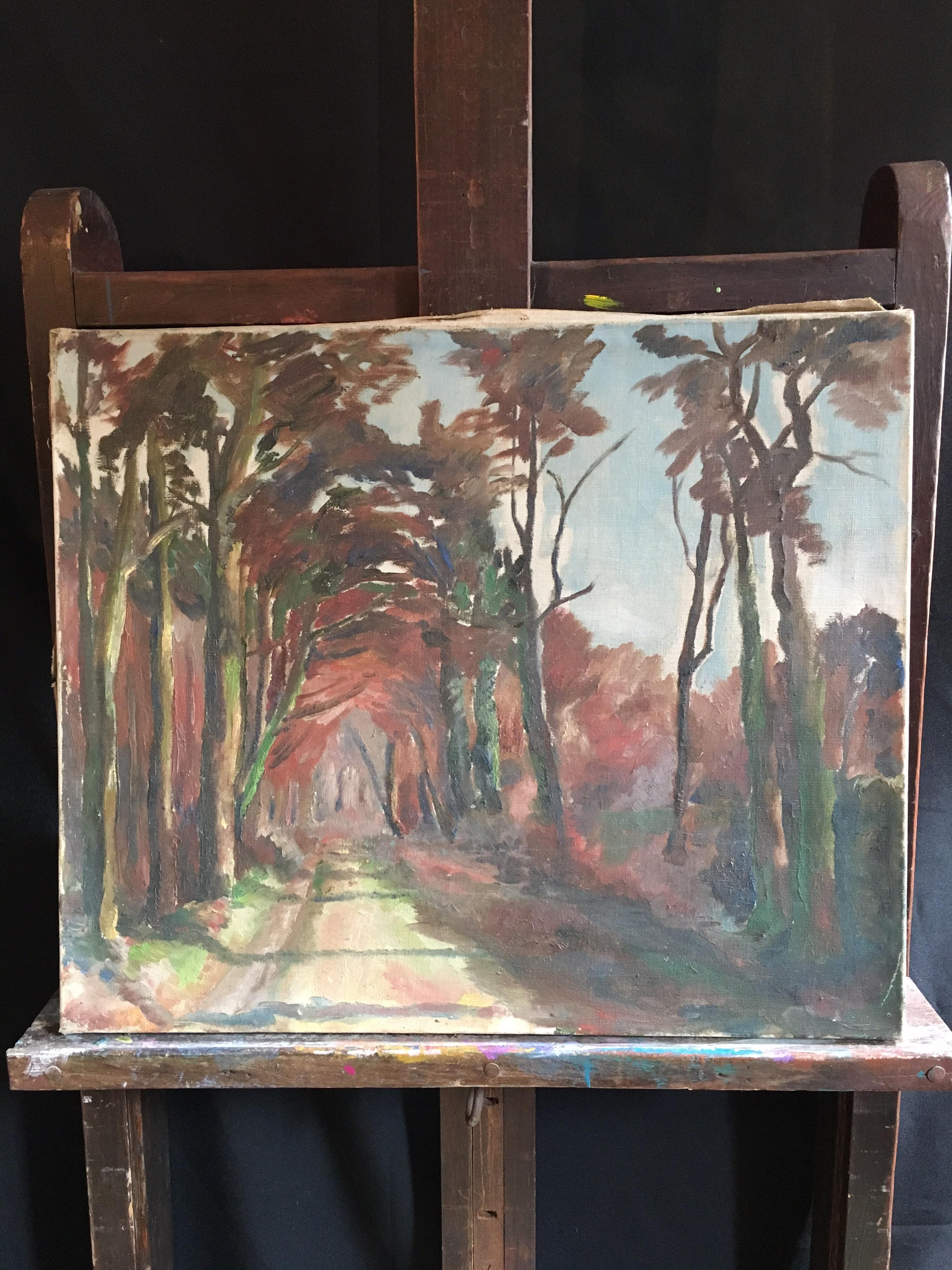 Rustic Country Road Mid Century Impressionist Landscape, Original Oil Painting For Sale 1