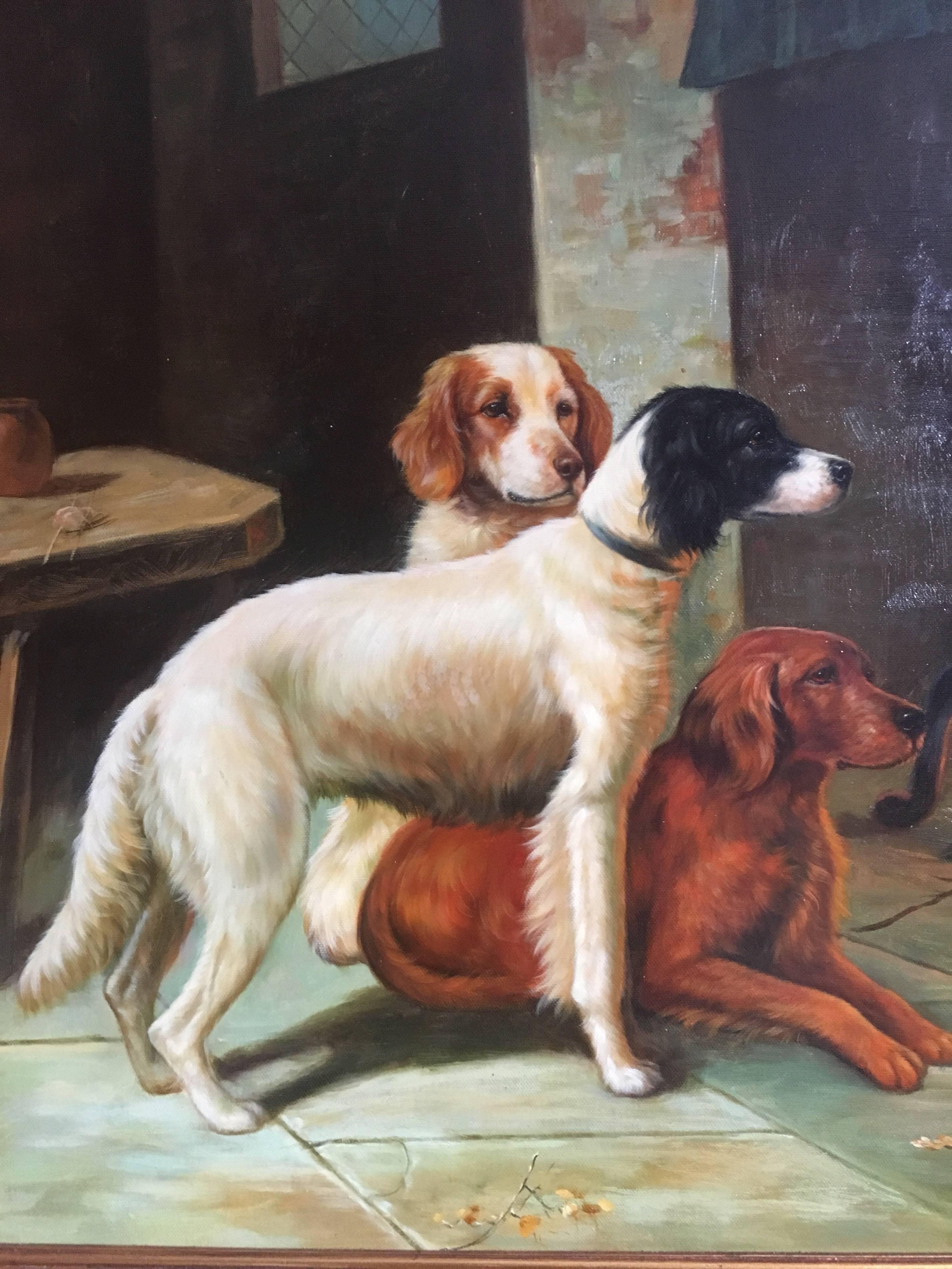 Springer Spaniel Sporting Dogs, British Oil Painting - Black Interior Painting by Unknown