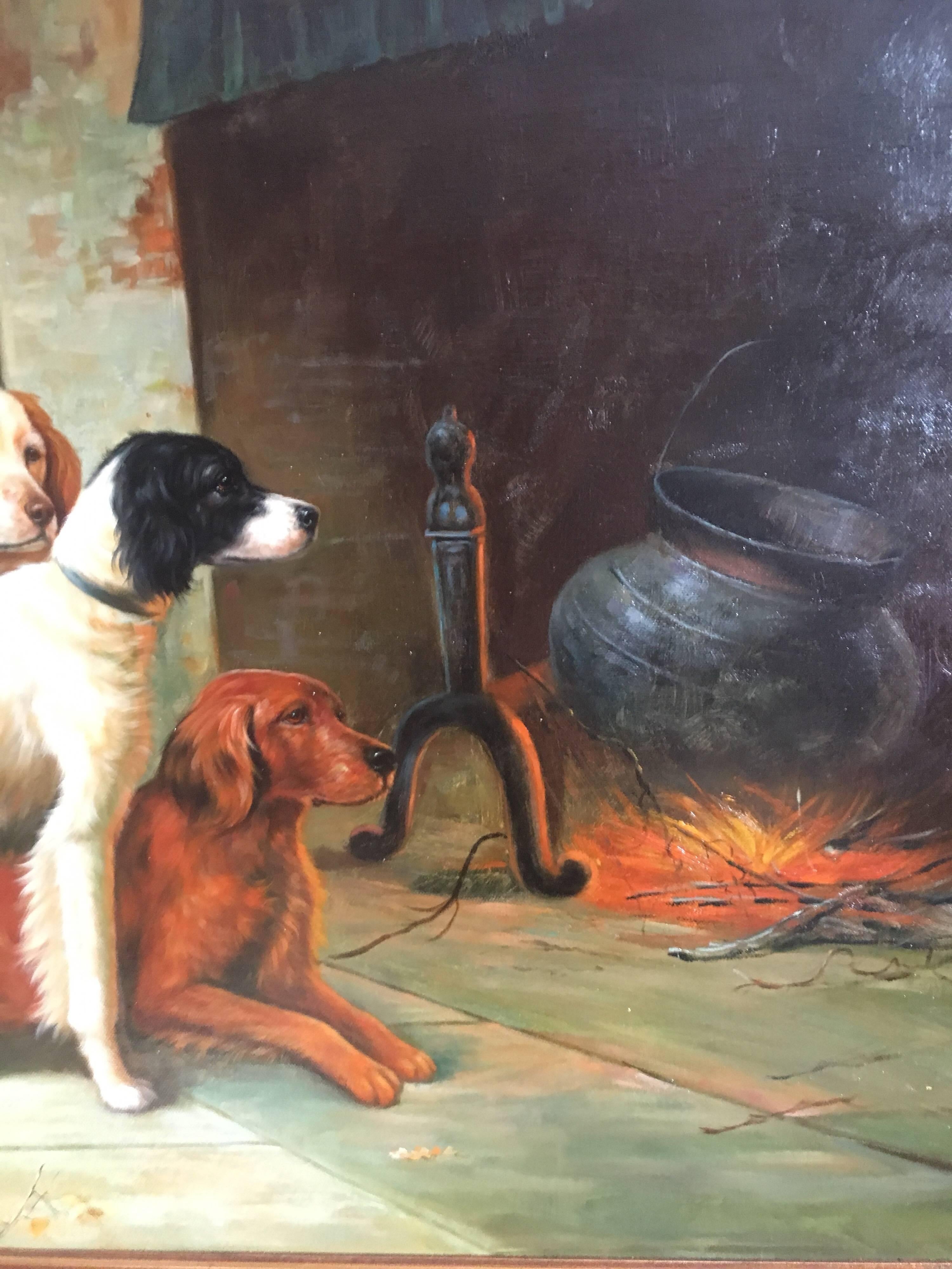 Warming by the Fire
British School, 20th Century,
Oil painting on canvas, framed
Framed size: 30.5 x 34.5 inches

Three English Springer Spaniel dogs enjoying the warmth from an open fire in what looks like a large manor house. The three dogs are