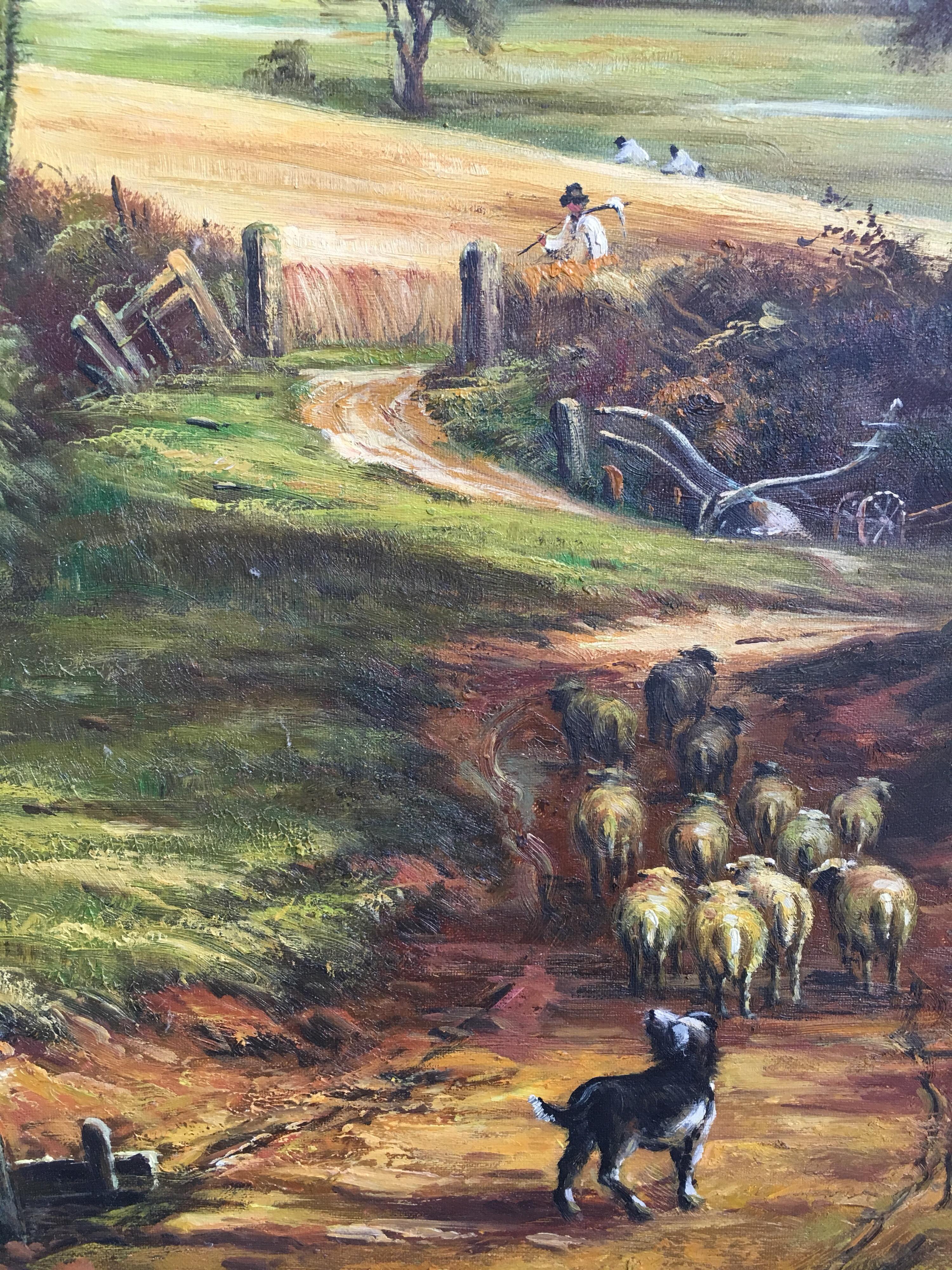 The Cornfield
British School, after John Constable
Oil painting on canvas, framed
Frame size: 46 x 34 inches

This mischievous scene is a wonderful interpretation of the countryside. A sheepdog is herding some sheep into the field, where field