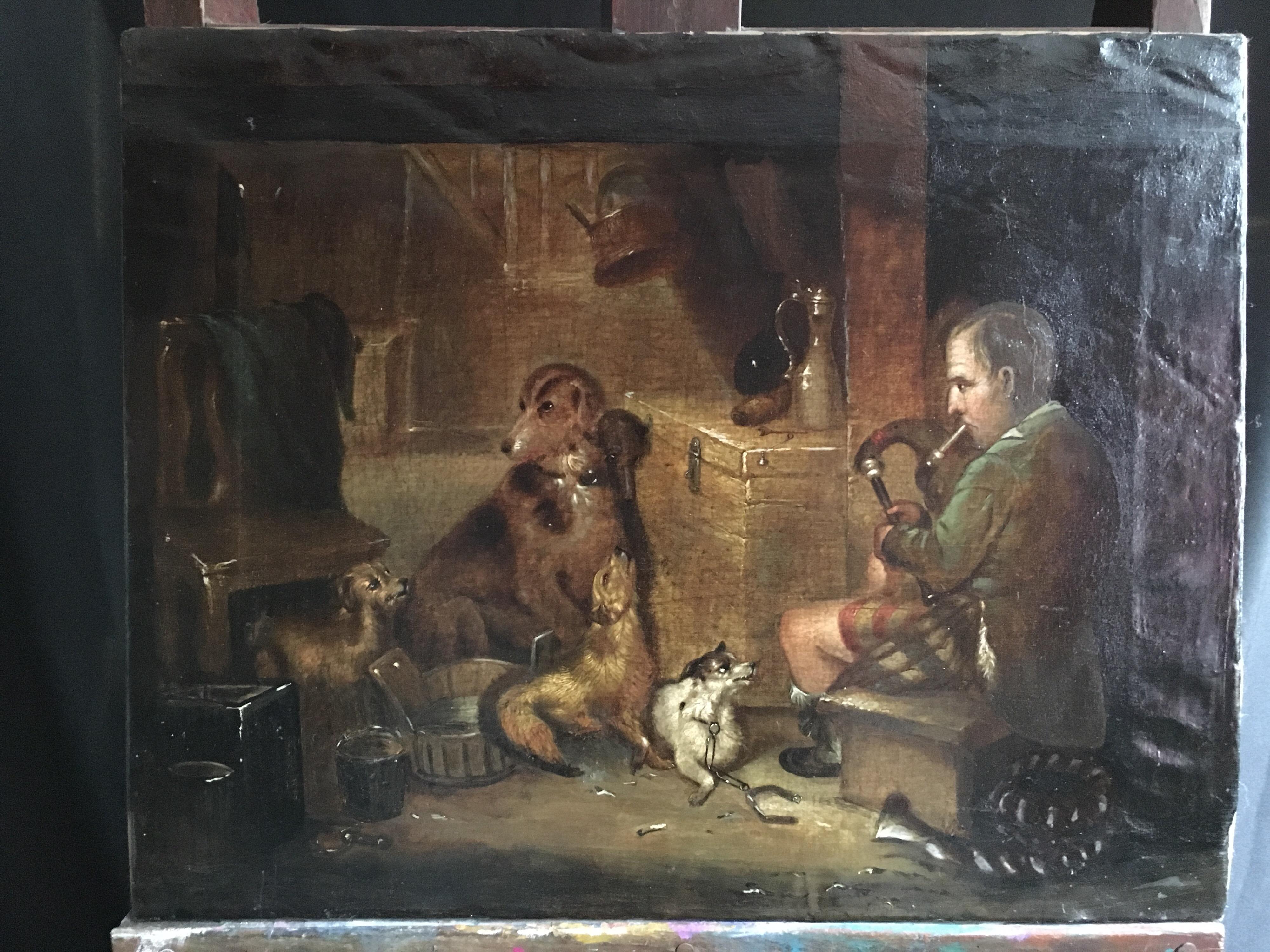 The Game Keepers Cottage, antique British Oil Painting - Black Figurative Painting by Unknown