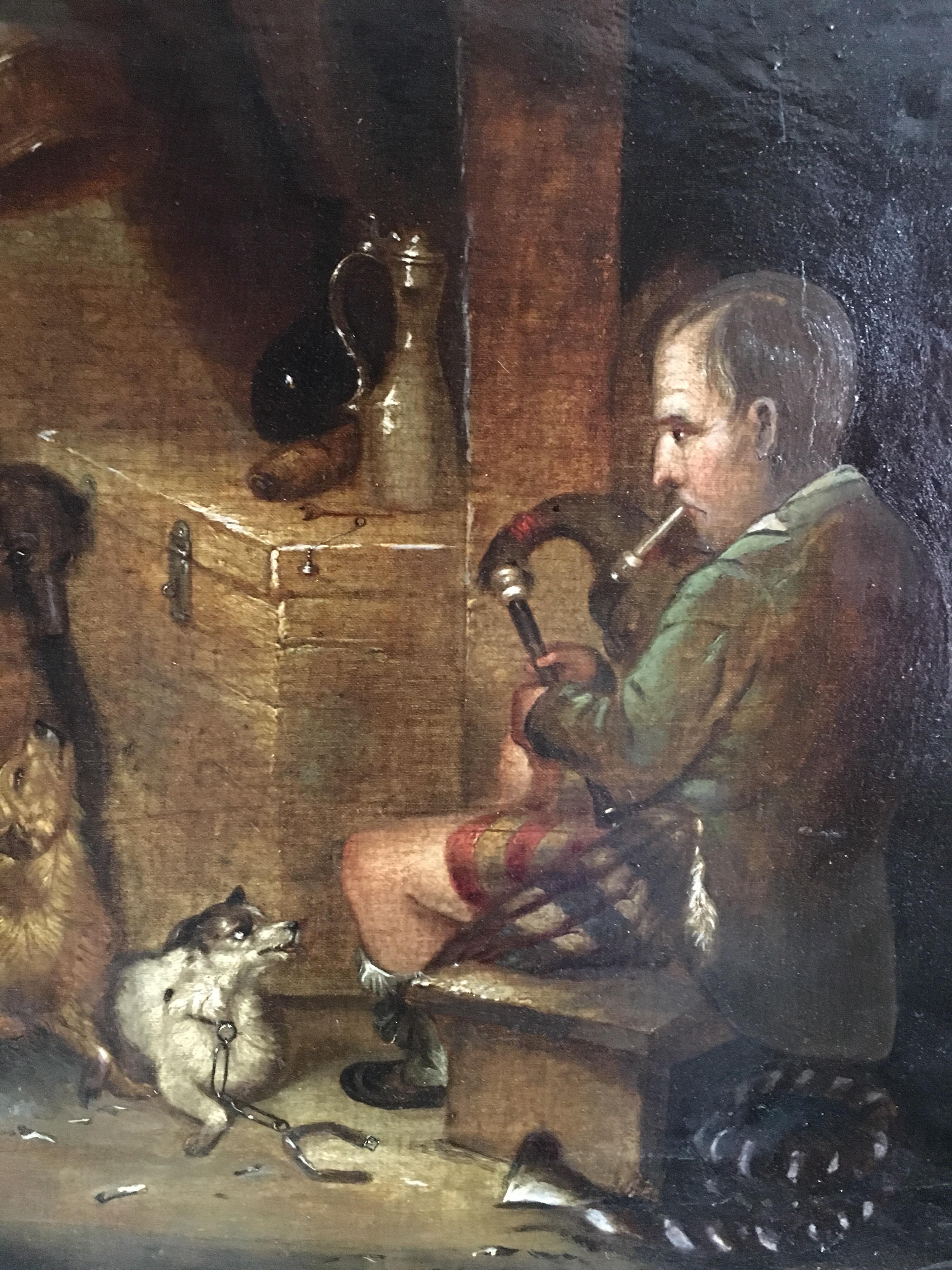 The Game Keepers Cottage
British School, late 19th century
Oil painting on canvas, unframed
Canvas size: 19.5 x 24 inches

Fabulously dark and slightly sombre oil painting of a man playing his bag-pipes to a small pack of dogs, one seems to be