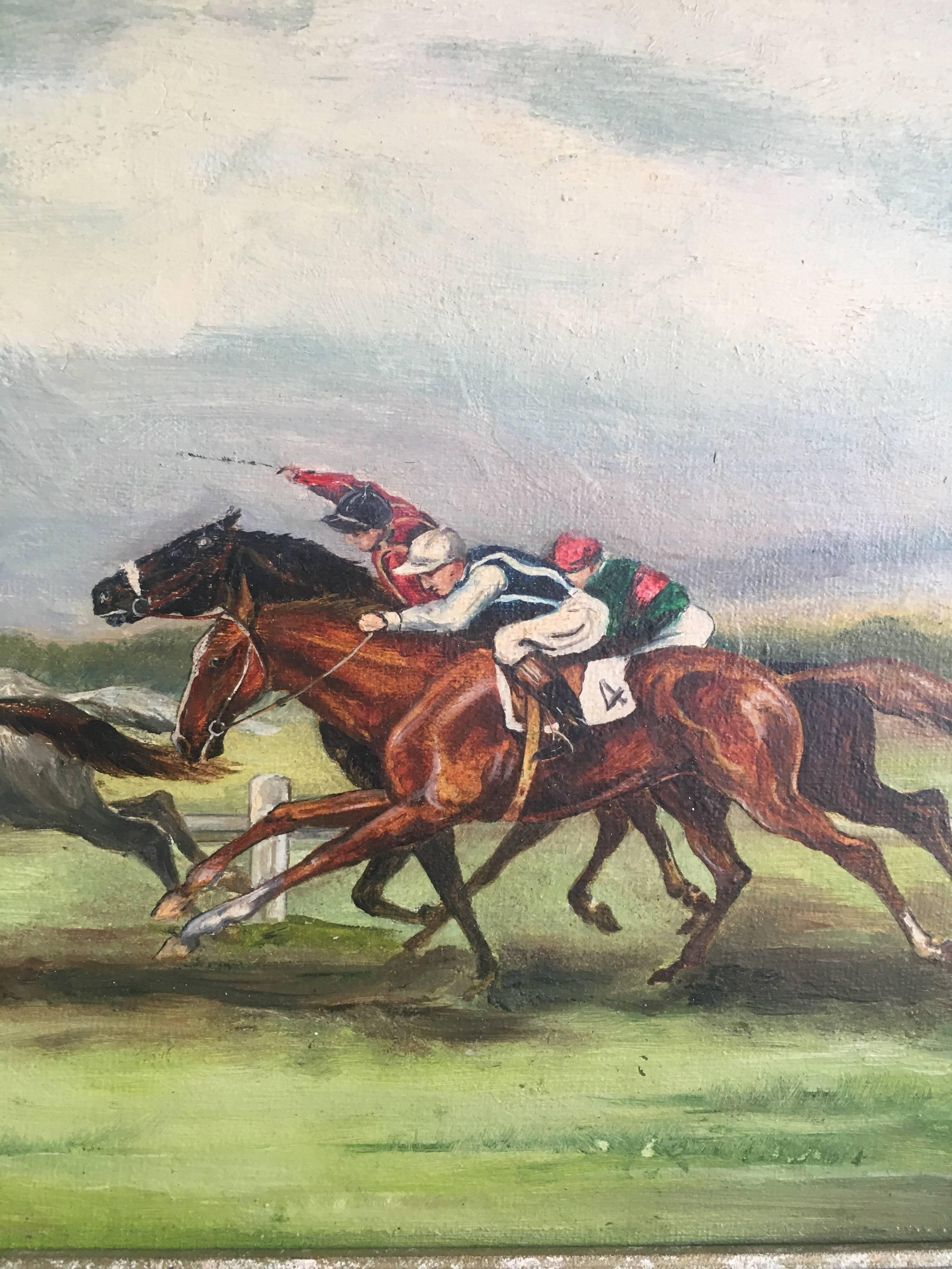 The Horse Race, Signed English Oil Painting  - Beige Animal Painting by Unknown